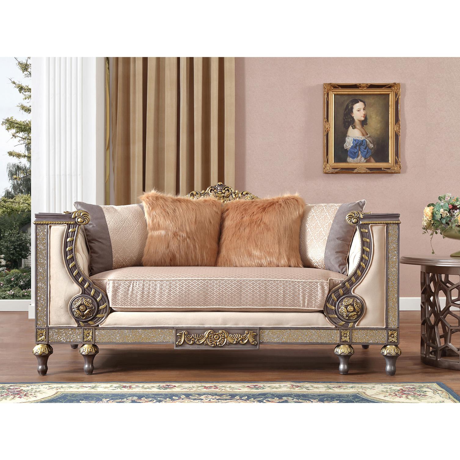

    
Antique Gold Performance Fabric Loveseat  Traditional Homey Design HD-3058
