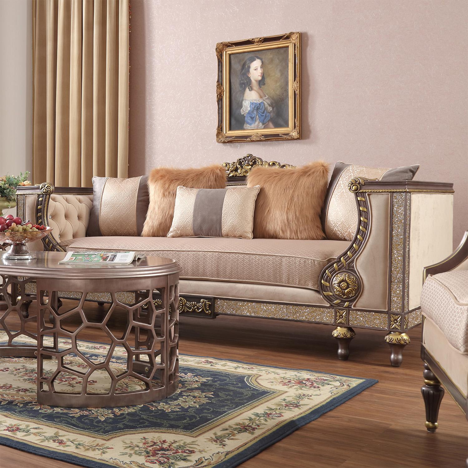

    
Antique Gold Performance Fabric Sofa Set 2Pcs Traditional Homey Design HD-3058

