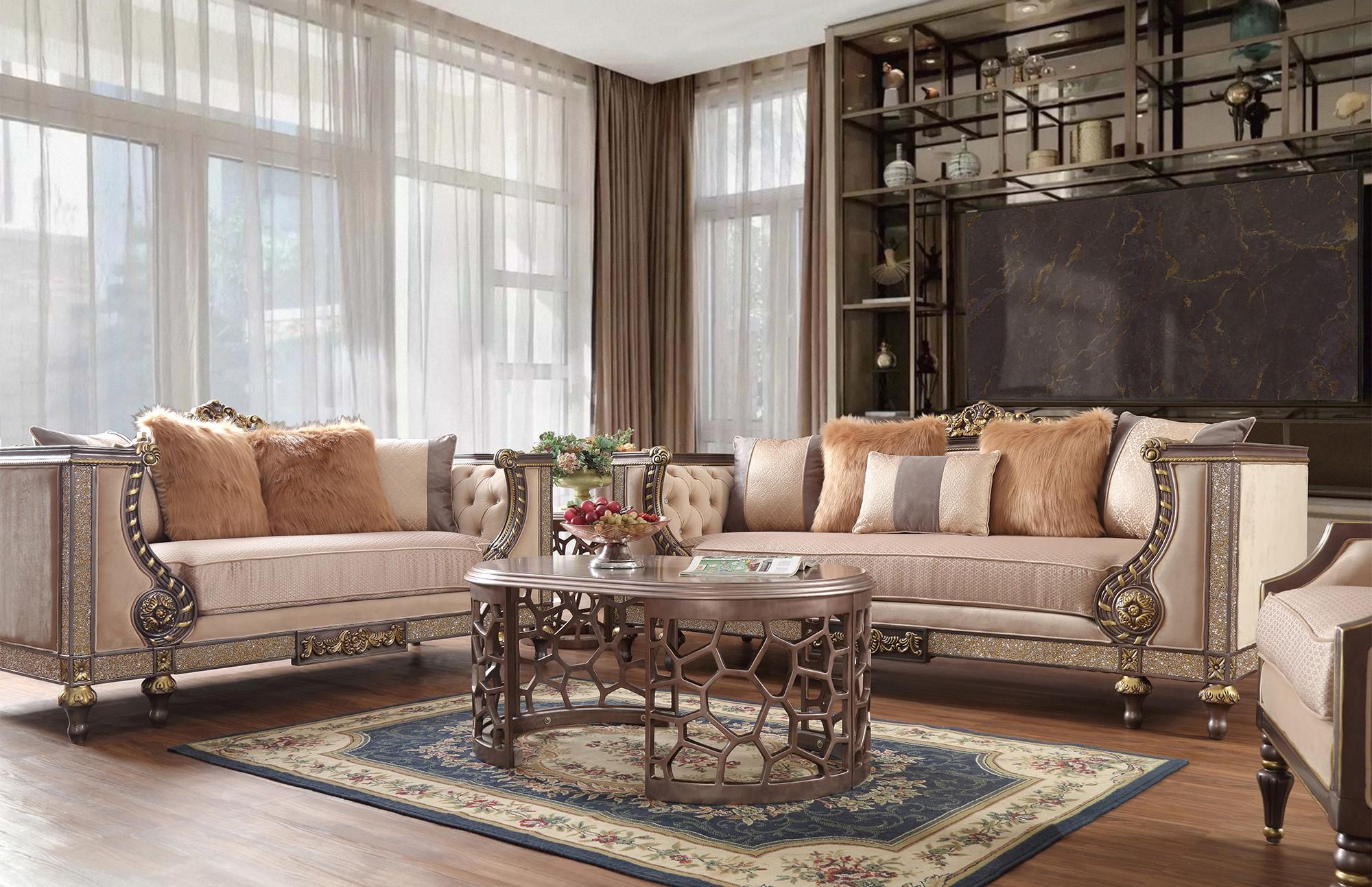 

    
Antique Gold Performance Fabric Sofa Set 5Pcs w/Coffee Tables Traditional Homey Design HD-3058
