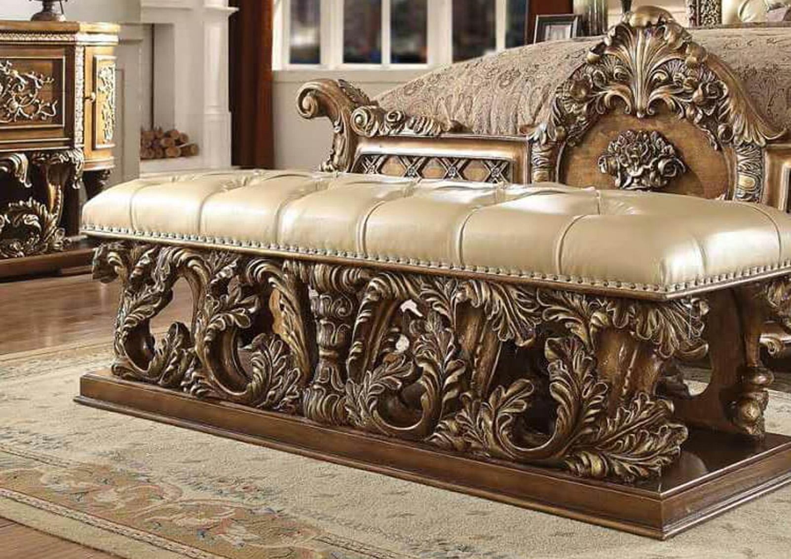 

    
Antique Gold Tufted Bench Walnut Carved Wood Constantine BD00476 ACME Classic
