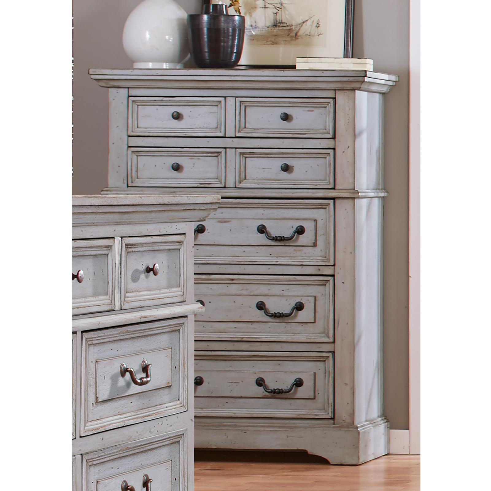 

    
Antique Gray Finish 5 Drawer Chest 7820 STONEBROOK American Woodcrafters Traditional

