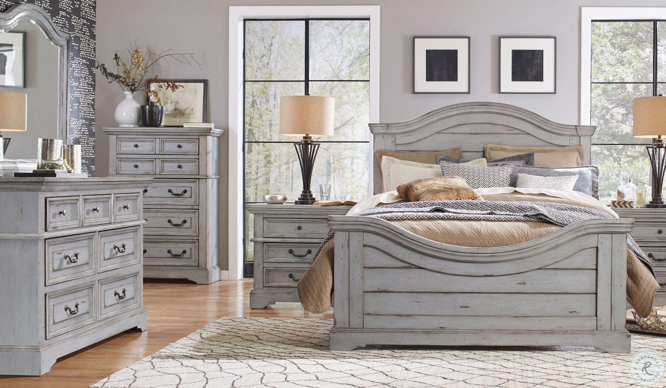 

    
Antique Gray Finish King Panel Bedroom Set 4Pcs 7820 STONEBROOK American Woodcrafters Traditional
