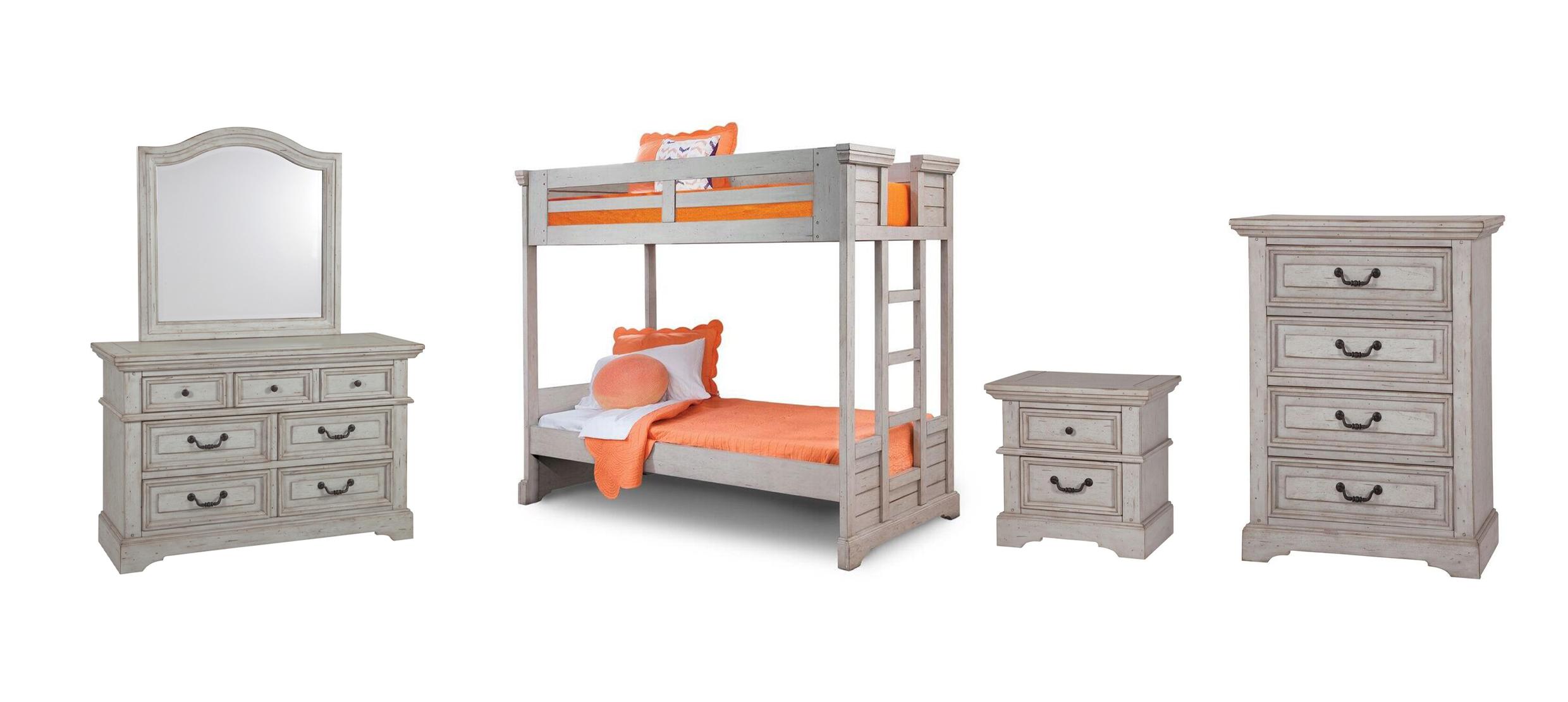 

    
Antique Gray Finish Twin Bunk Bed Set 5Pcs 7820 STONEBROOK American Woodcrafters

