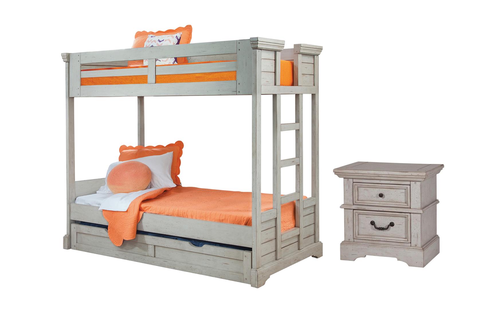 

    
Antique Gray Finish Twin Bunk Bed with Trundle & Small Nightstand 7820 STONEBROOK American Woodcrafters
