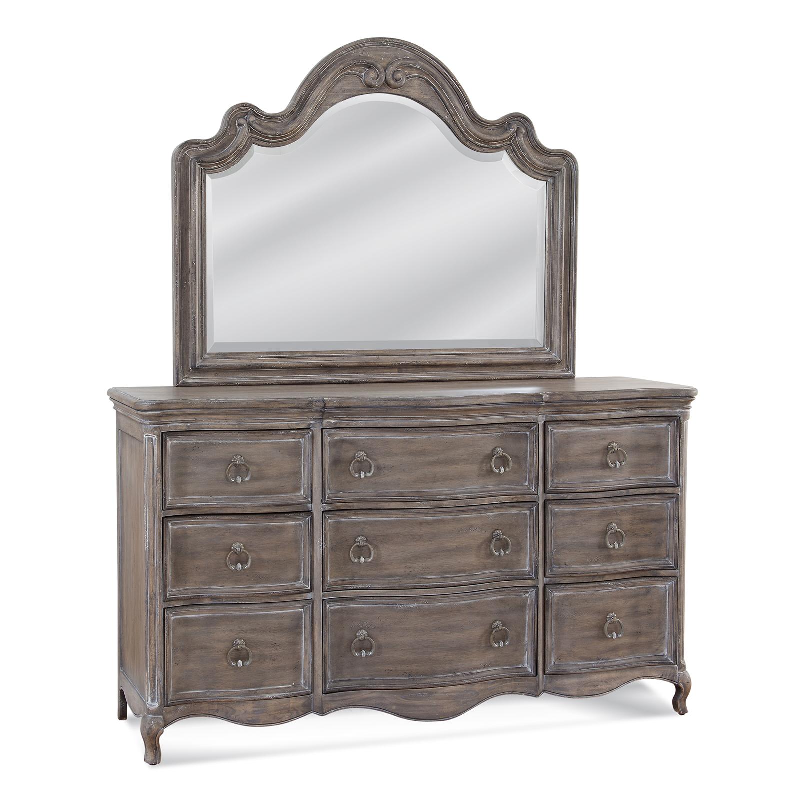 

    
Antique Grey Dresser & Mirror 1575-TDLM GENOA American Woodcrafters Traditional
