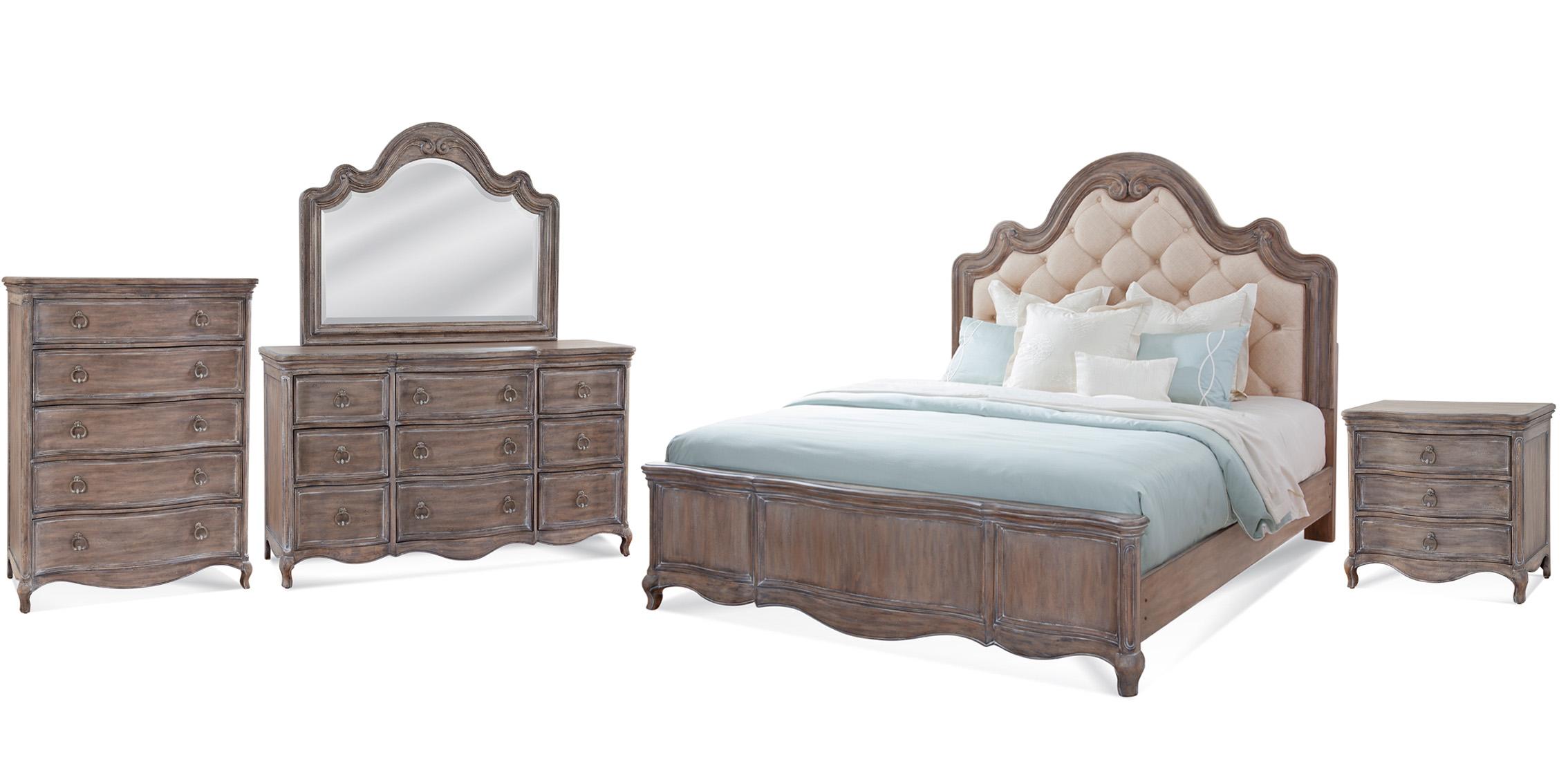 Classic, Traditional Panel Bedroom Set GENOA 1575-50TUPH 1575-QTUPN-5PC in Antique, Gray Fabric