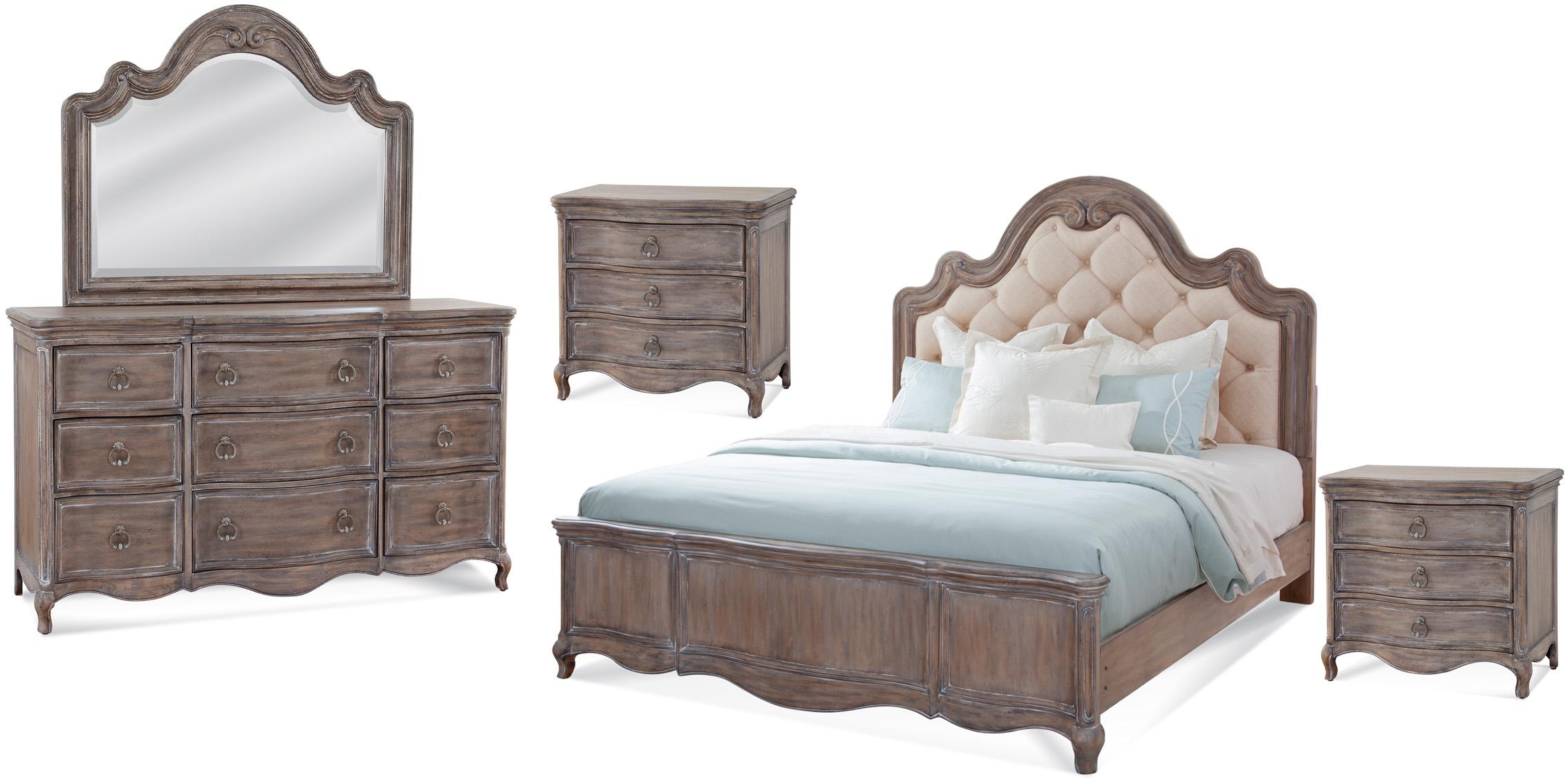 Classic, Traditional Panel Bedroom Set GENOA 1575-66TUPH-Set 1575-66TUPH-2NDM-5PC in Antique, Gray Fabric