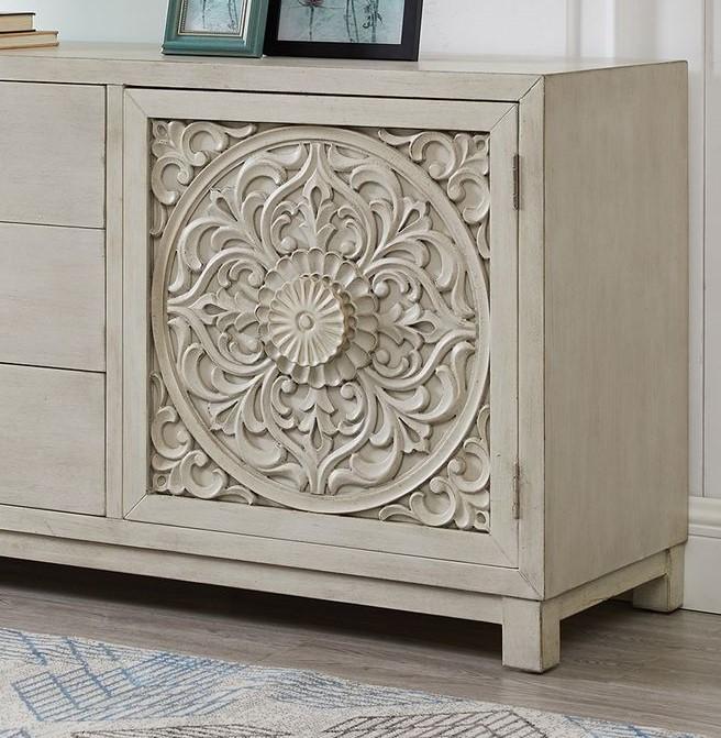 

    
Antique Linen Finish 2 Door 3 Drawer Accent Cabinet Sundance Liberty Furniture
