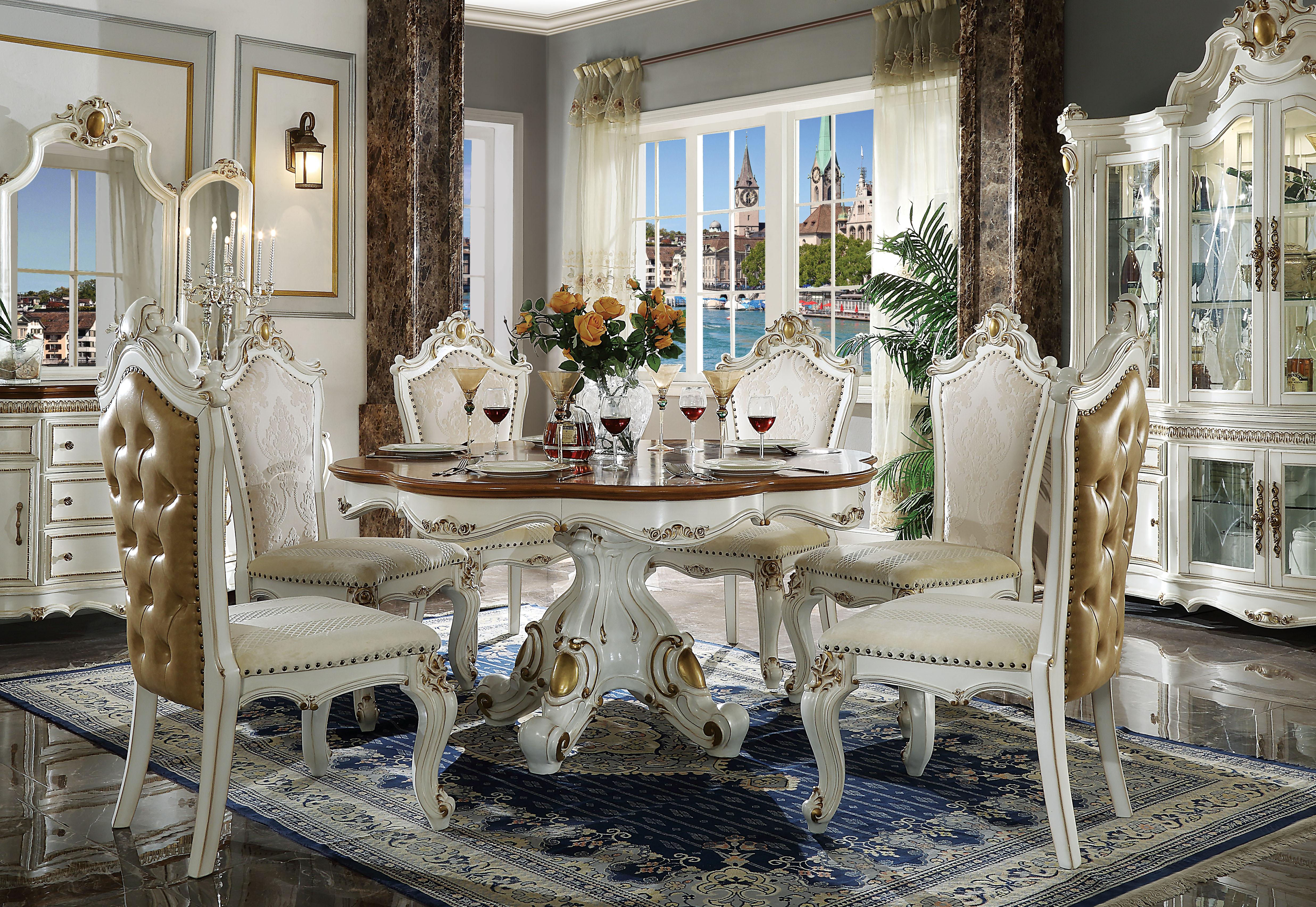 Traditional Dining Room Set 63470 63470-Set-7 in Pearl, Cherry, White PU