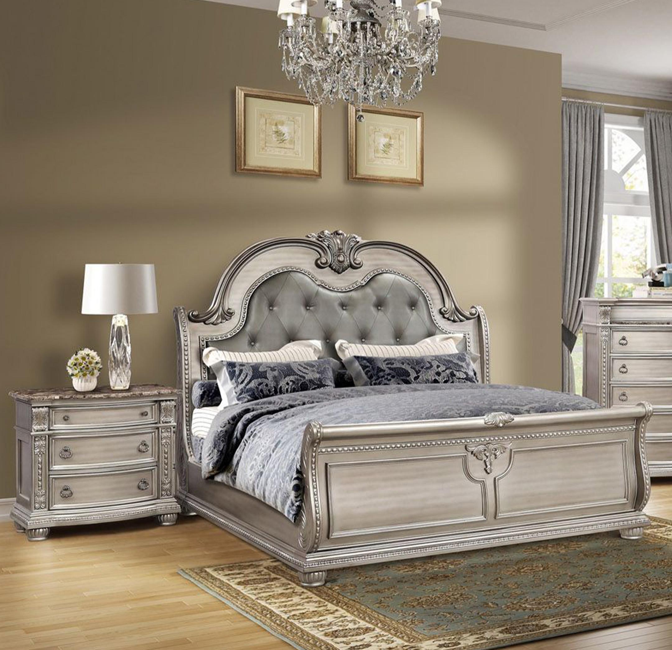 Classic, Traditional Sleigh Bedroom Set B9506 B9506-CK-2N-3PC in Platinum Bonded Leather