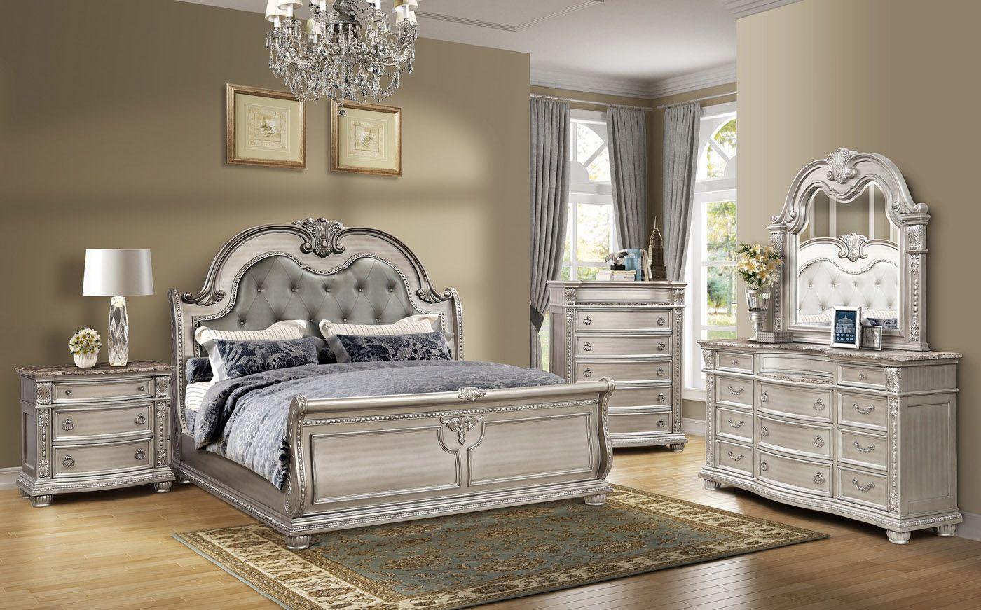 Classic, Traditional Sleigh Bedroom Set B9506 B9506-CK-NDM-4PC in Platinum Bonded Leather