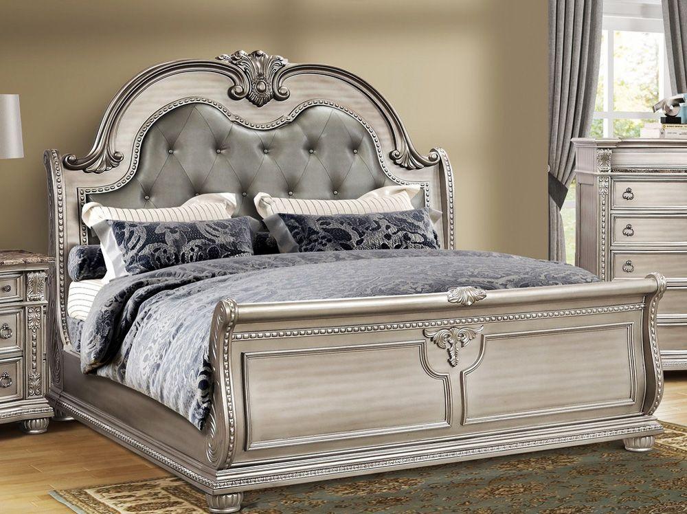 

    
Antique Platinum Button Tufted Sleigh CAL King Bedroom Set 5Pcs w/Chest Traditional Mcferran B9506
