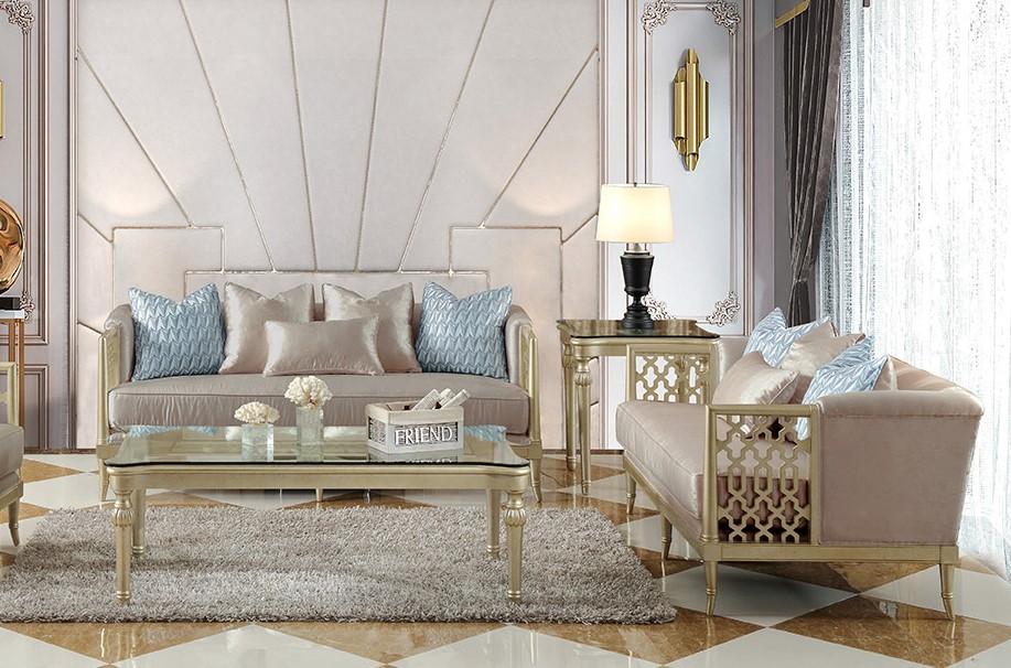 

    
Antique Satin Gold Fabric Sofa Set 2Pcs Traditional Homey Design HD-627

