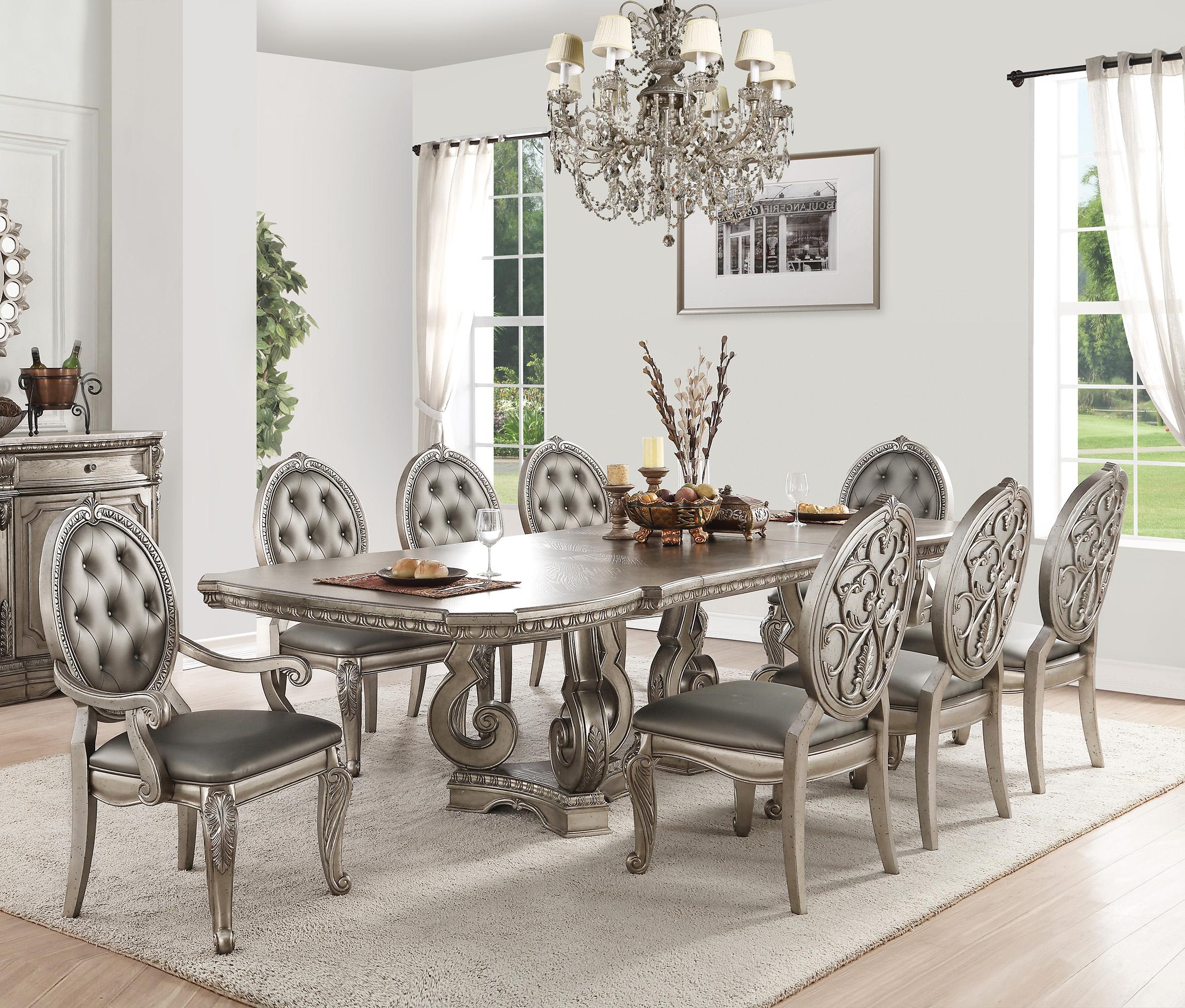 Classic, Traditional Dining Table Set Northville 66920-Set-9 in Antique Silver PU