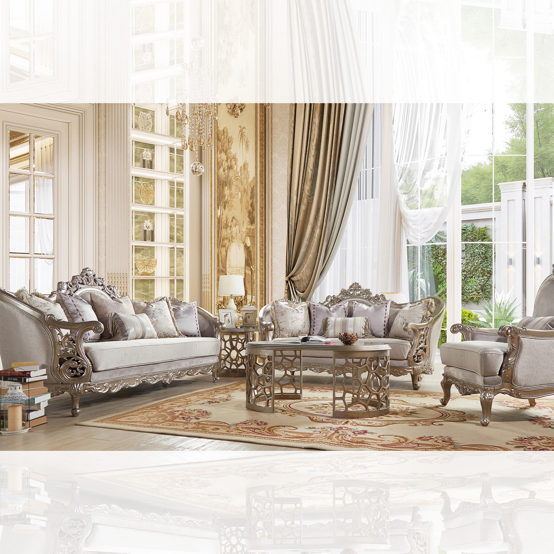 

                    
Buy Antique Silver Fabric Sofa Set 5Pcs w/ Coffee Table Traditional Homey Design HD-20322
