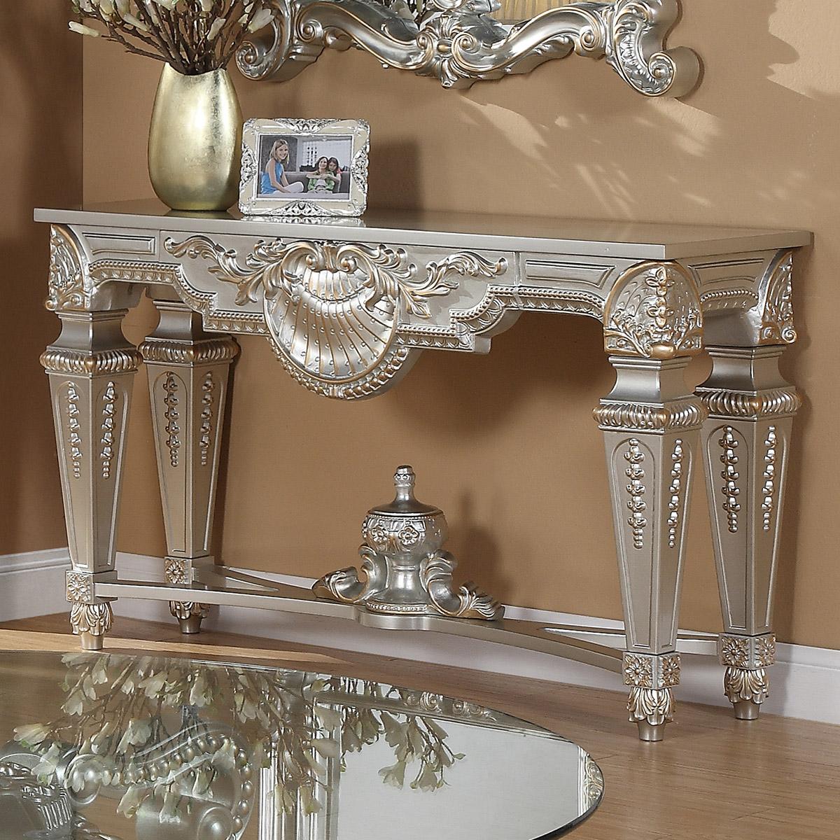 

    
Antique Silver Finish Console Table & Mirror Traditional Homey Design HD-8908S
