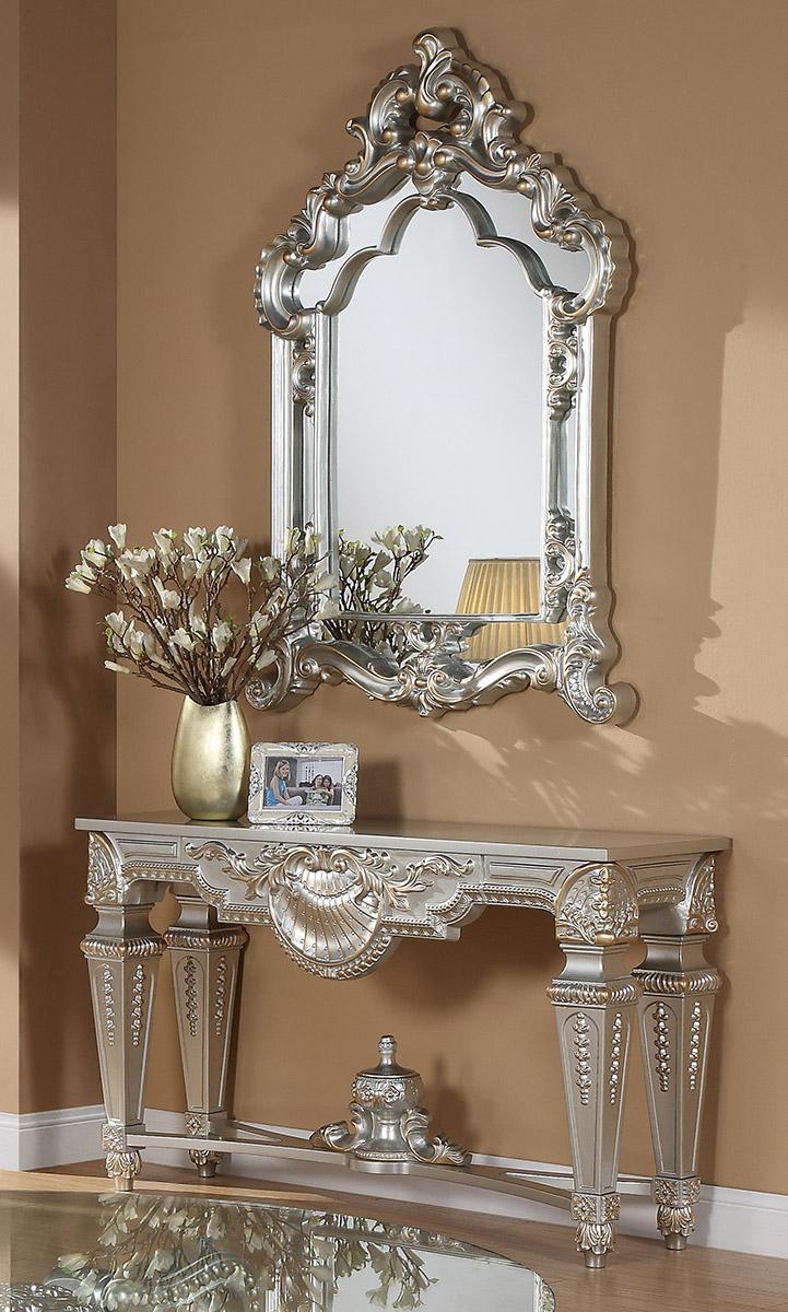 

    
Antique Silver Finish Console Table & Mirror Traditional Homey Design HD-8908S
