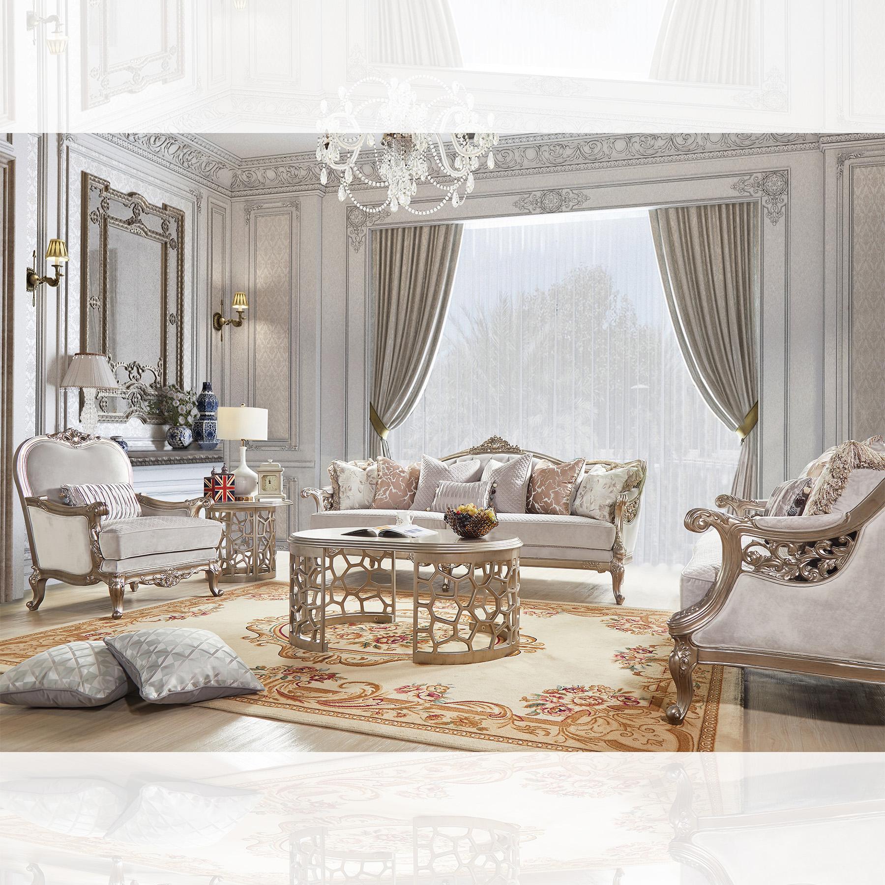 Traditional Sofa Loveseat Chair and Coffee Table HD-20353 / HD‐8912SG HD-20353-5PC in Antique, Silver Fabric