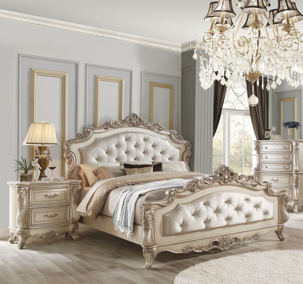 Classic, Traditional Panel Bedroom Set Gorsedd Gorsedd-27440Q-Set-3 in Antique White, Cream Fabric