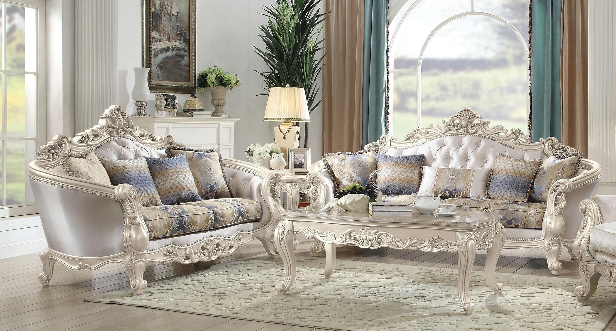 Classic, Traditional Sofa Loveseat Gorsedd-52440 Gorsedd-52440-Set-2 in Antique White, Cream Fabric