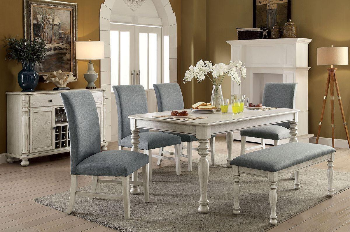 

    
Antique White Finish Gray Fabric Dining Room Set 6Pcs w/Bench Siobhan II by Furniture of America
