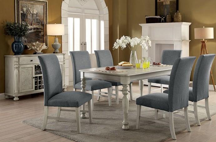 

    
Antique White Finish Gray Fabric Dining Room Set 7Pcs Siobhan II by Furniture of America
