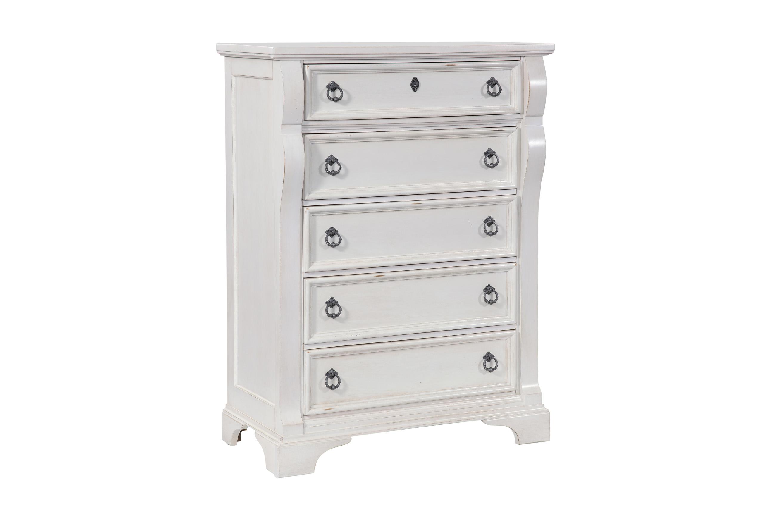 

    
Antique White Five Drawer Chest HEIRLOOM 2910-150 American Woodcrafters Classic
