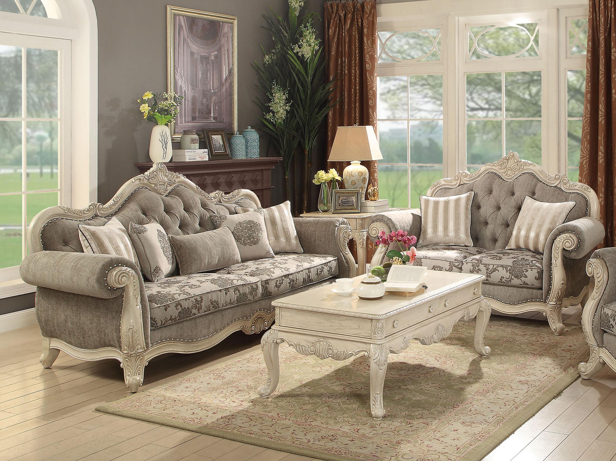 

    
Antique White & Gray Tufted Sofa Set 2Pcs Ragenardus-WH-56020 Acme Traditional
