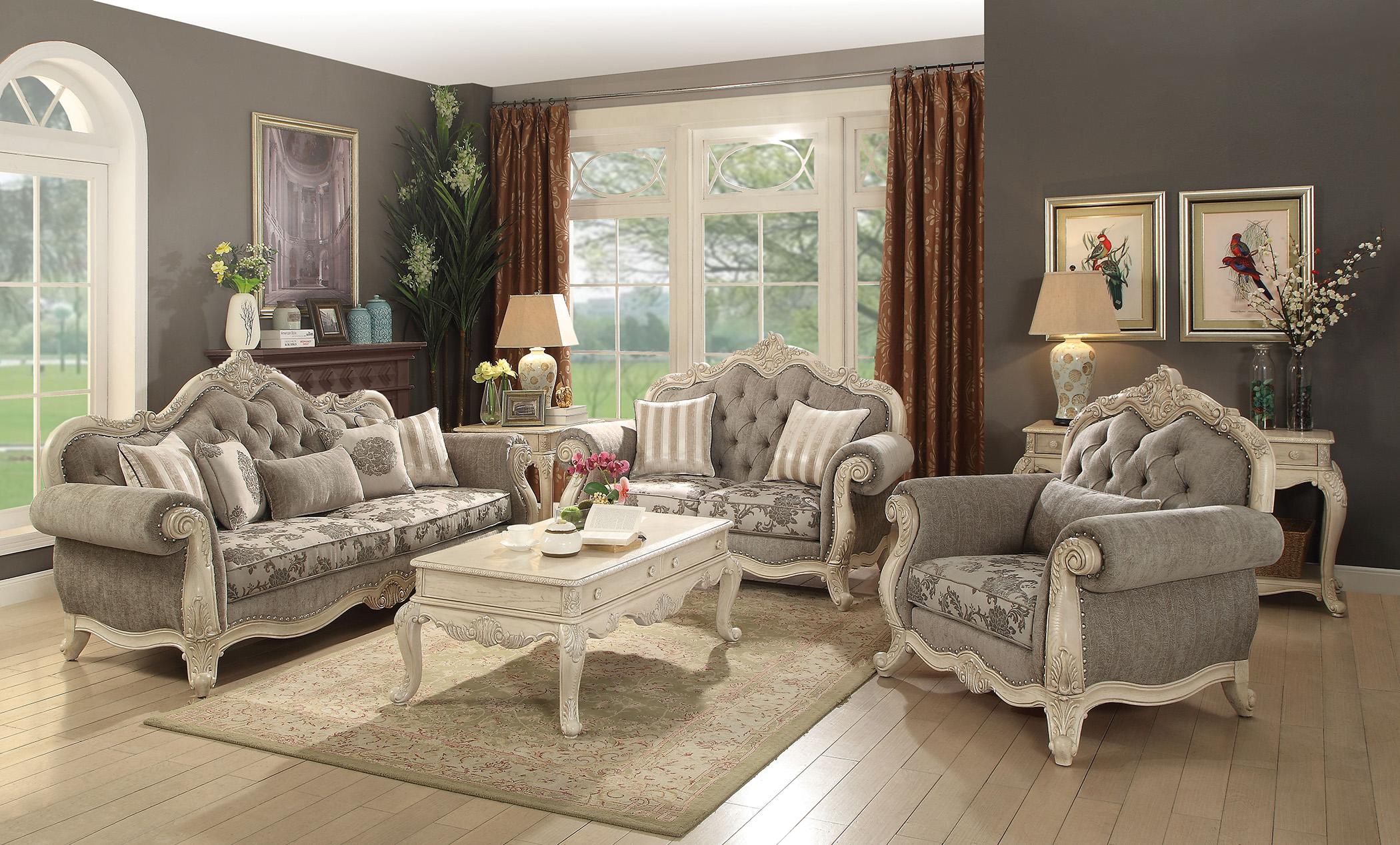 

    
Antique White & Gray Tufted Sofa Set 3Pcs Ragenardus-WH-56020 Acme Traditional
