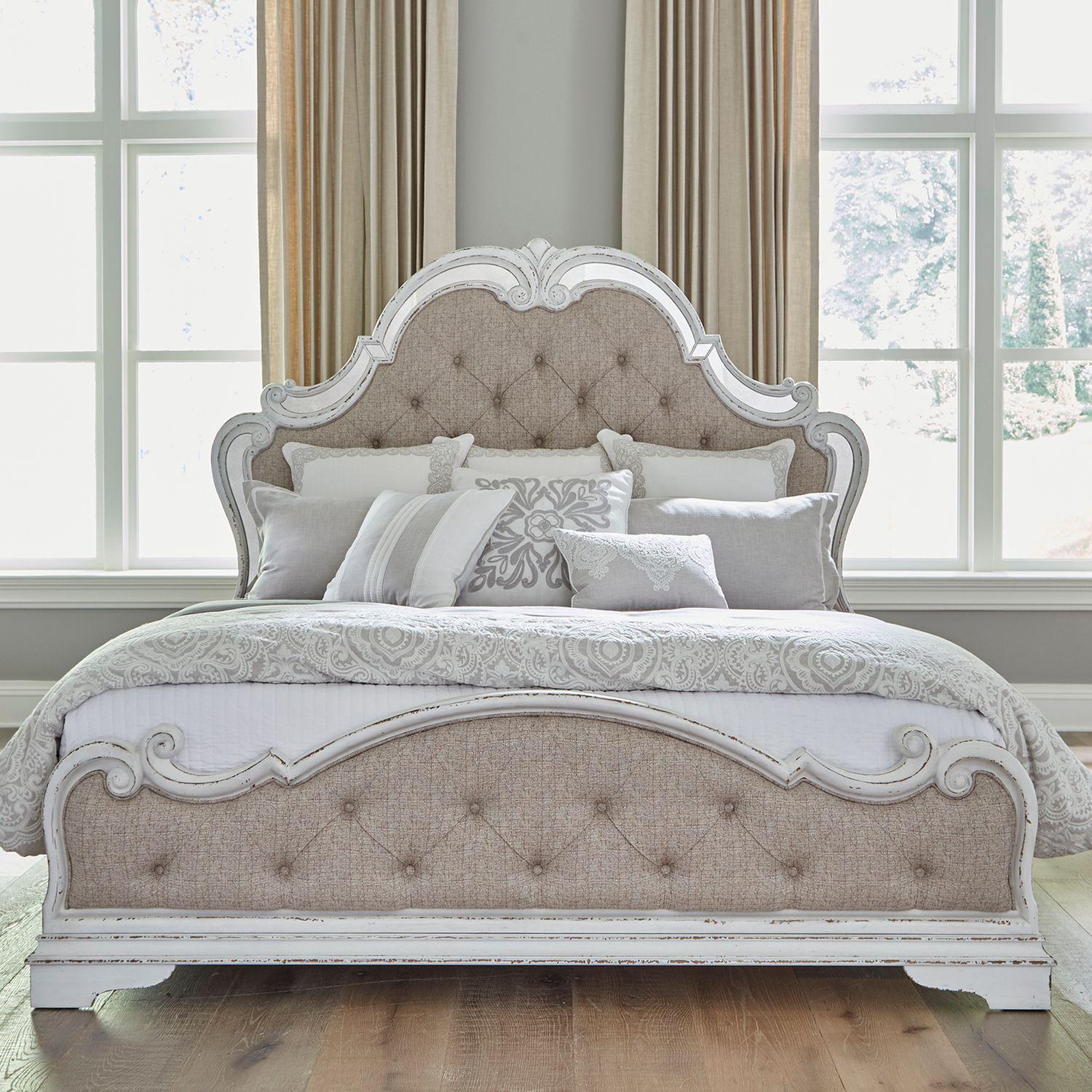 European Traditional Platform Bed Magnolia Manor  (244-BR) Mirrored Bed 244-BR-OKUB in White Chenille