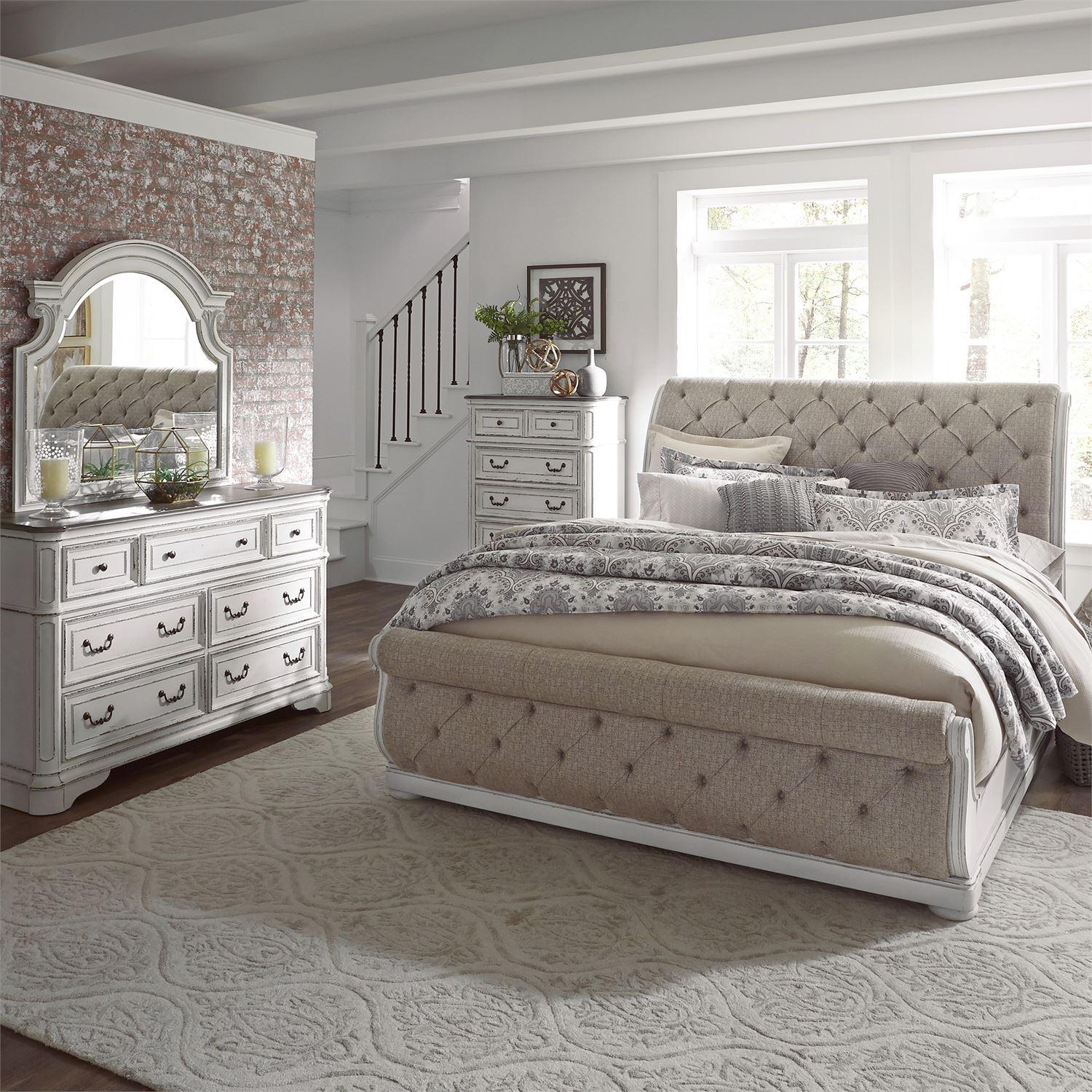 European Traditional Sleigh Bedroom Set Magnolia Manor  (244-BR) Sleigh Bedroom Set 244-BR-KUSLDMC in White Chenille