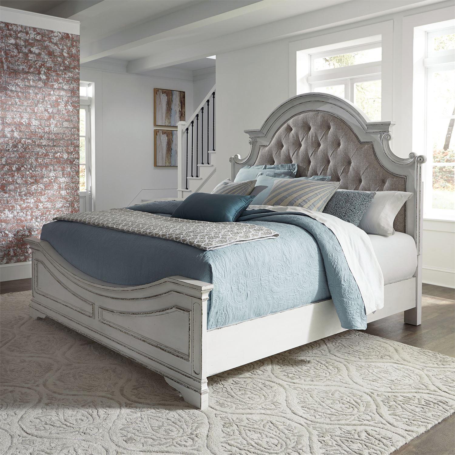 European Traditional Platform Bed Magnolia Manor  (244-BR) Upholstered Bed 244-BR-KUB in White Chenille