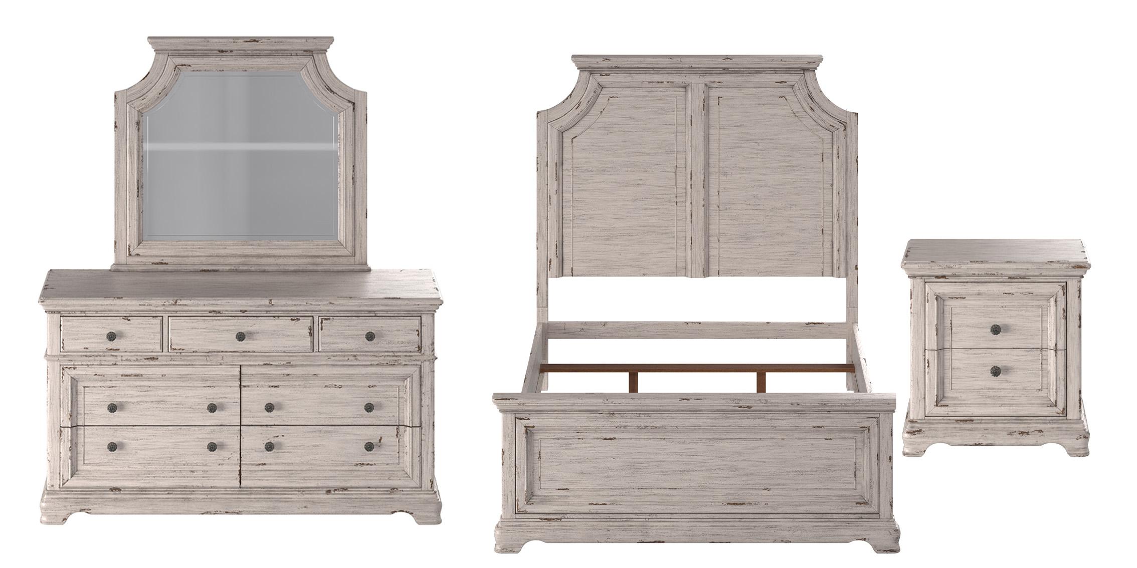 

    
Antique White Queen Bedroom Set 4Pcs PROVIDENCE American Woodcrafters Rustic
