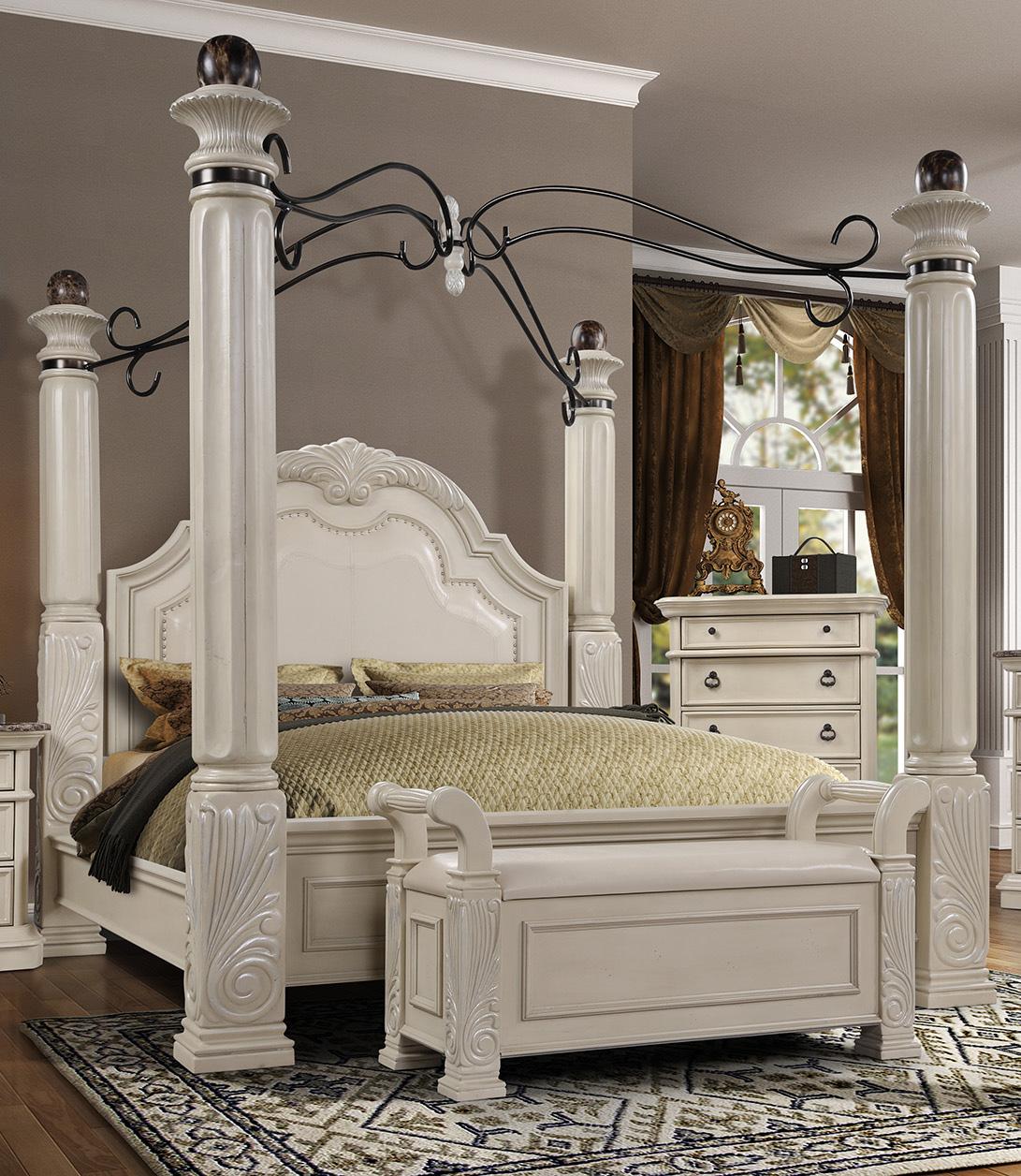 Classic, Traditional Poster Bed B6006 B6006-EK in Antique White Faux Leather