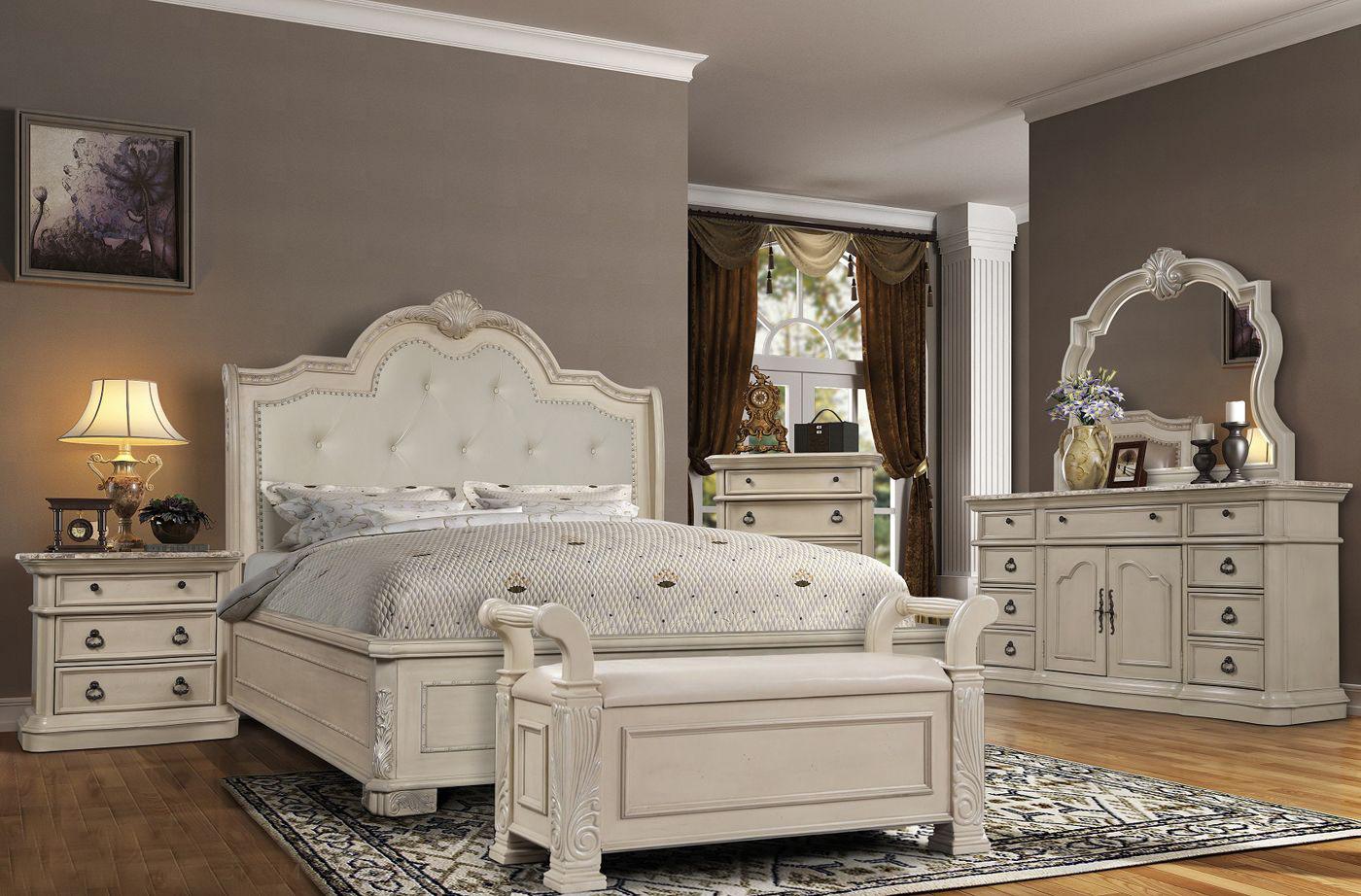 Classic, Traditional Panel Bedroom Set B6007 B6007-CK-NDMCB-6PC in Antique White Bonded Leather