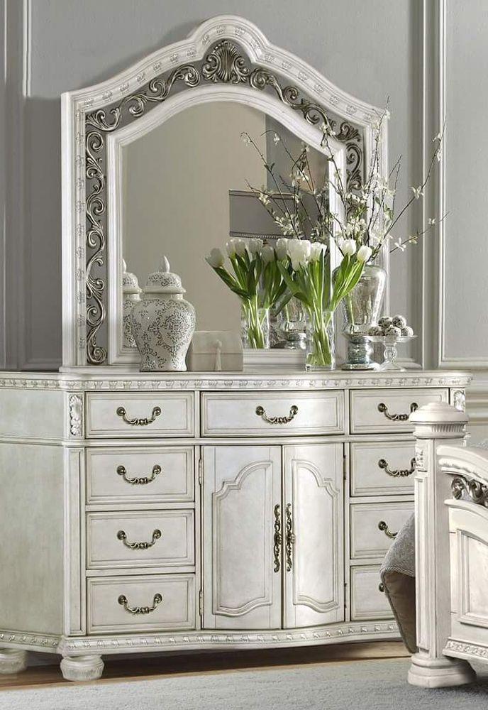 

    
Antique White Wood  9 Drawer Dresser & Mirror Set Traditional B162 McFerran
