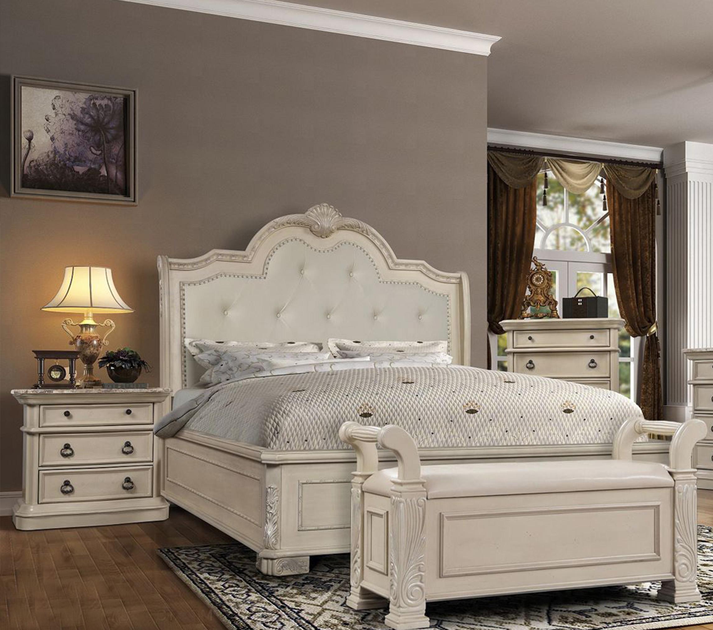Classic, Traditional Panel Bedroom Set B6007 B6007-K-N-2P in Antique White Bonded Leather