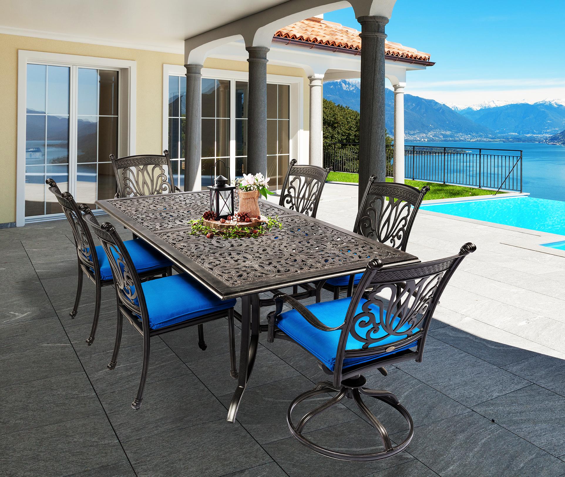 Contemporary Outdoor Dining Set Ariana RCDTDR8444  ARDC ARSR-Set-7 in Natural, Bronze Fabric