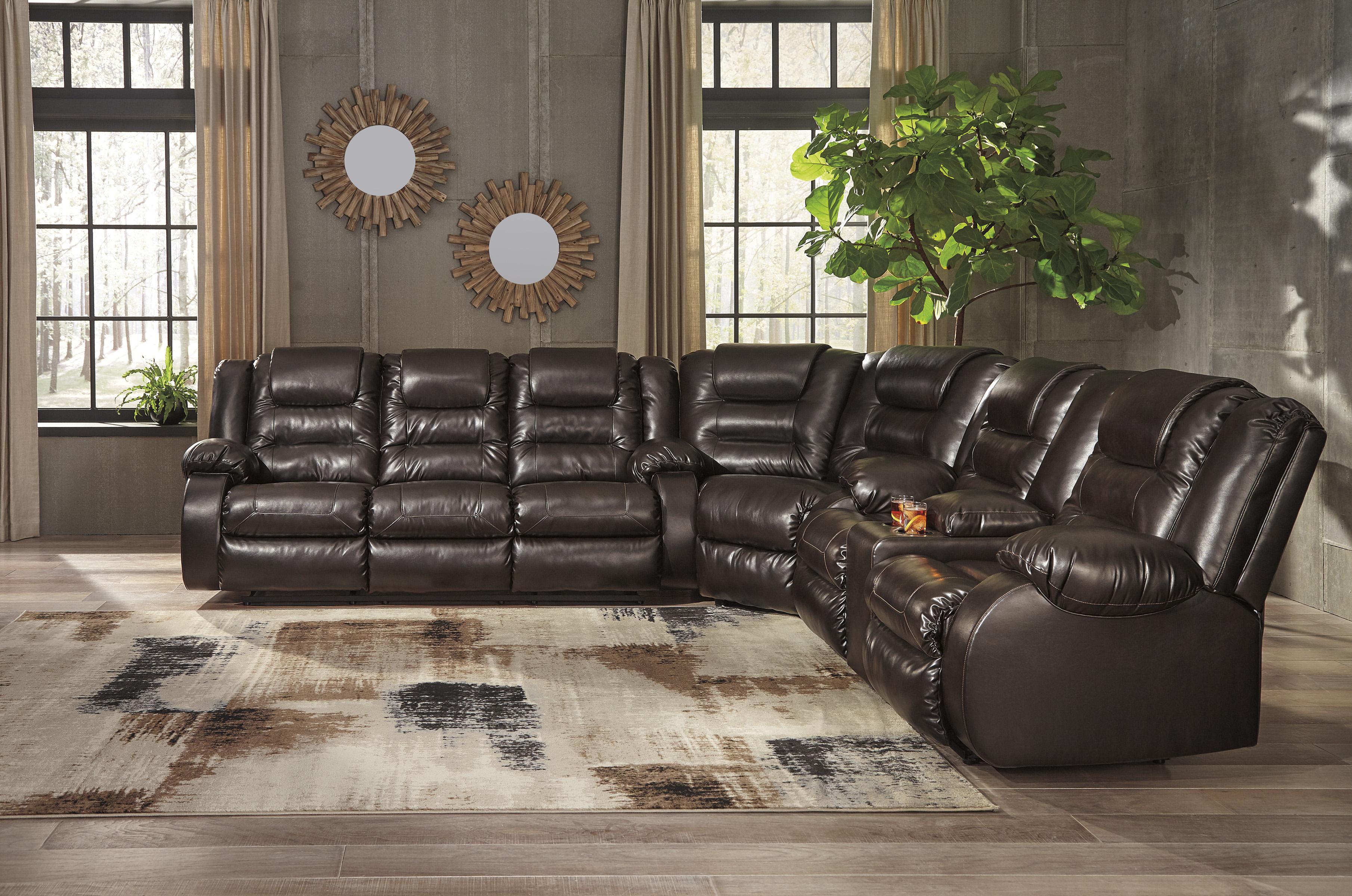 

    
Reclining Sofa Set 3Pcs Chocolate Faux Leather Contemporary Ashley Vacherie
