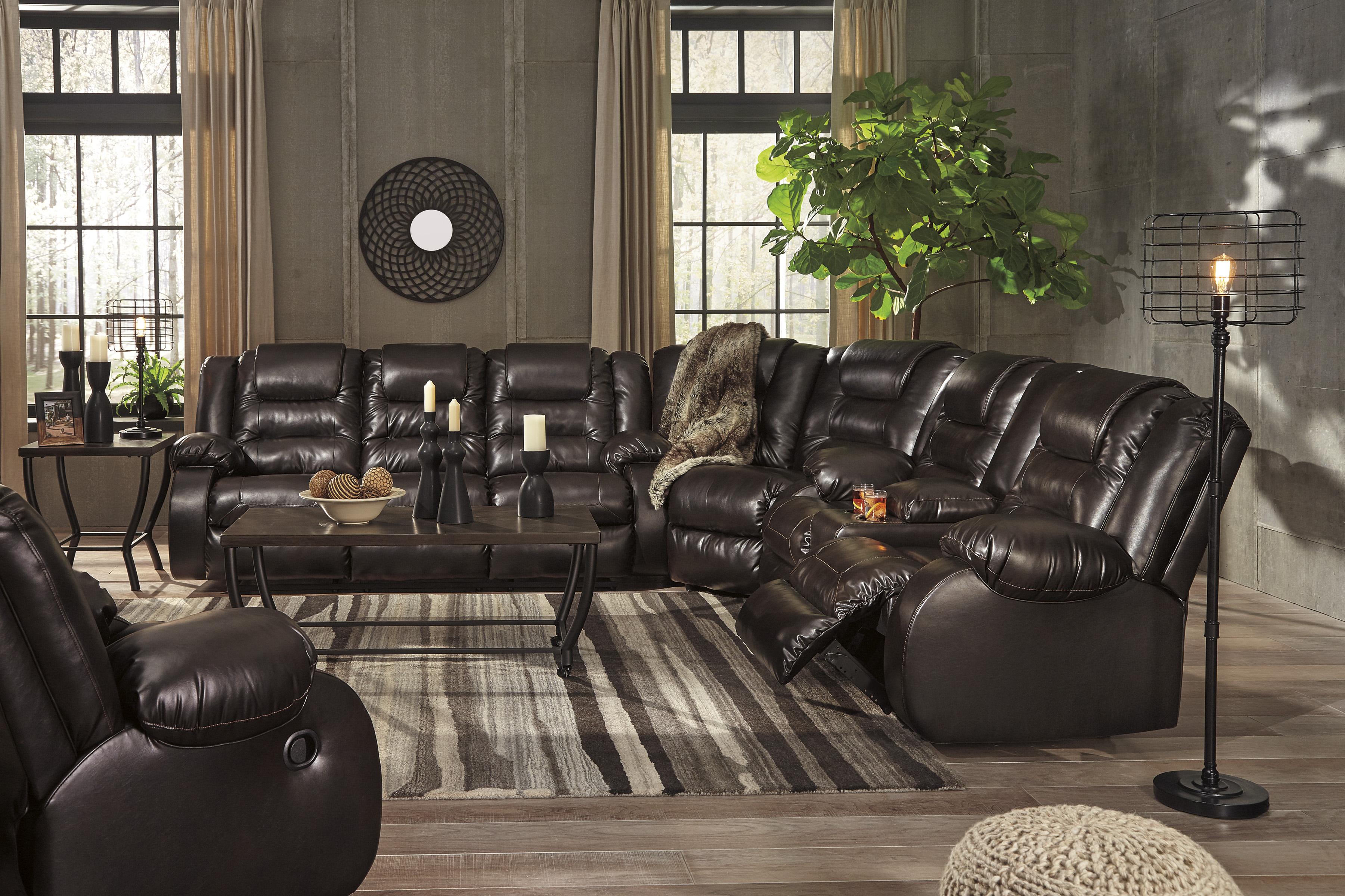

    
Reclining Sofa Set 4Pcs Chocolate Faux Leather Contemporary Ashley Vacherie
