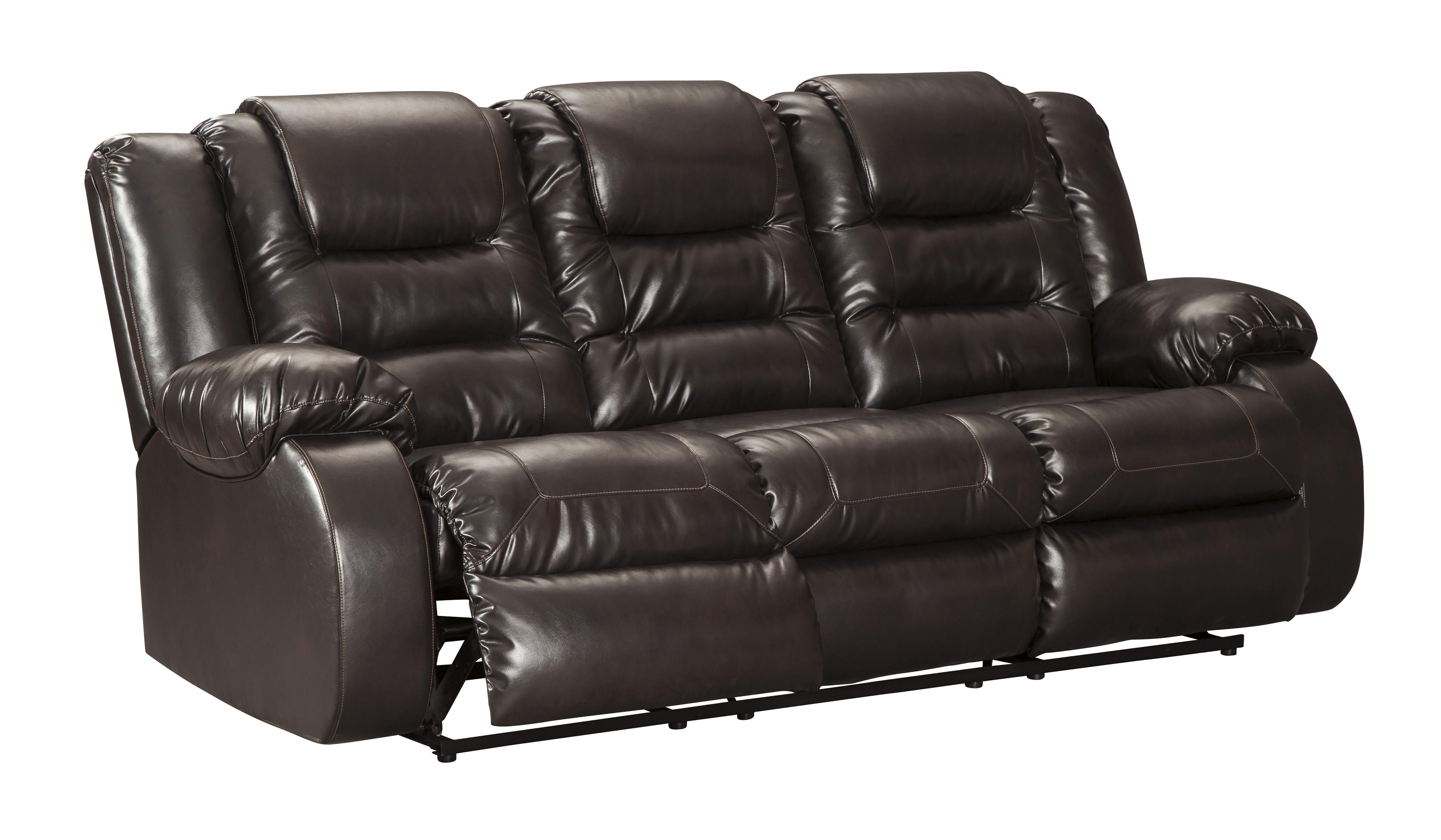 

    
Reclining Sofa Chocolate Faux Leather Contemporary Ashley Vacherie
