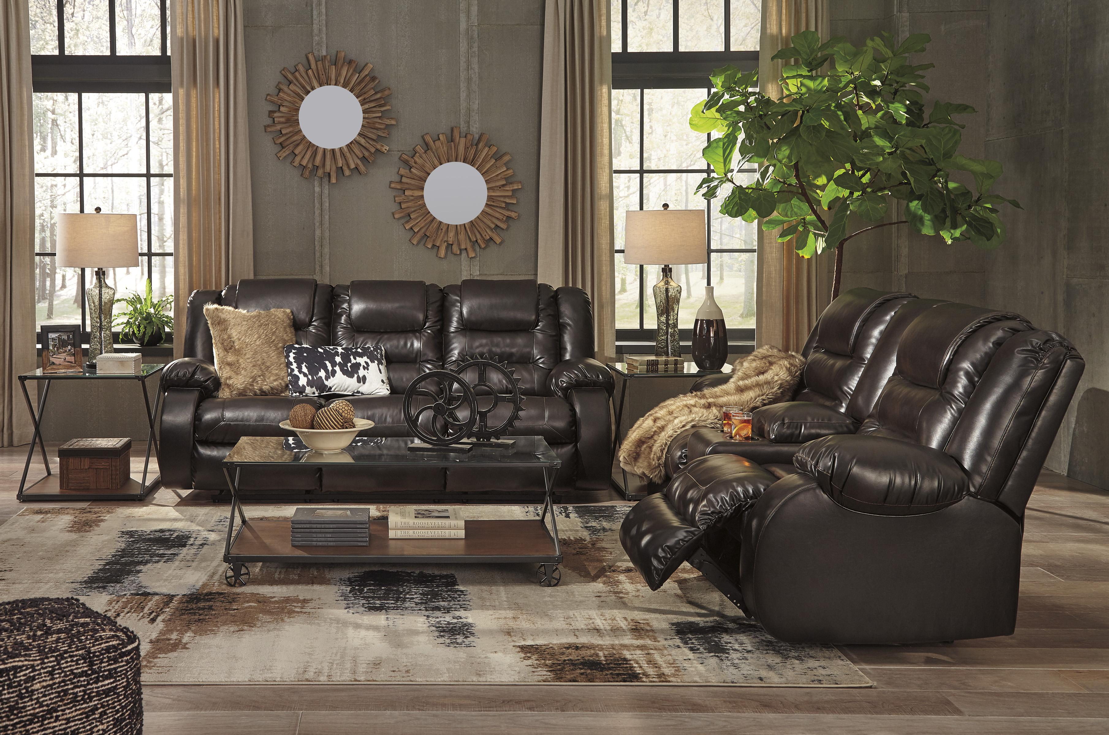 

    
Reclining Sofa Set 2Pcs Chocolate Faux Leather Contemporary Ashley Vacherie
