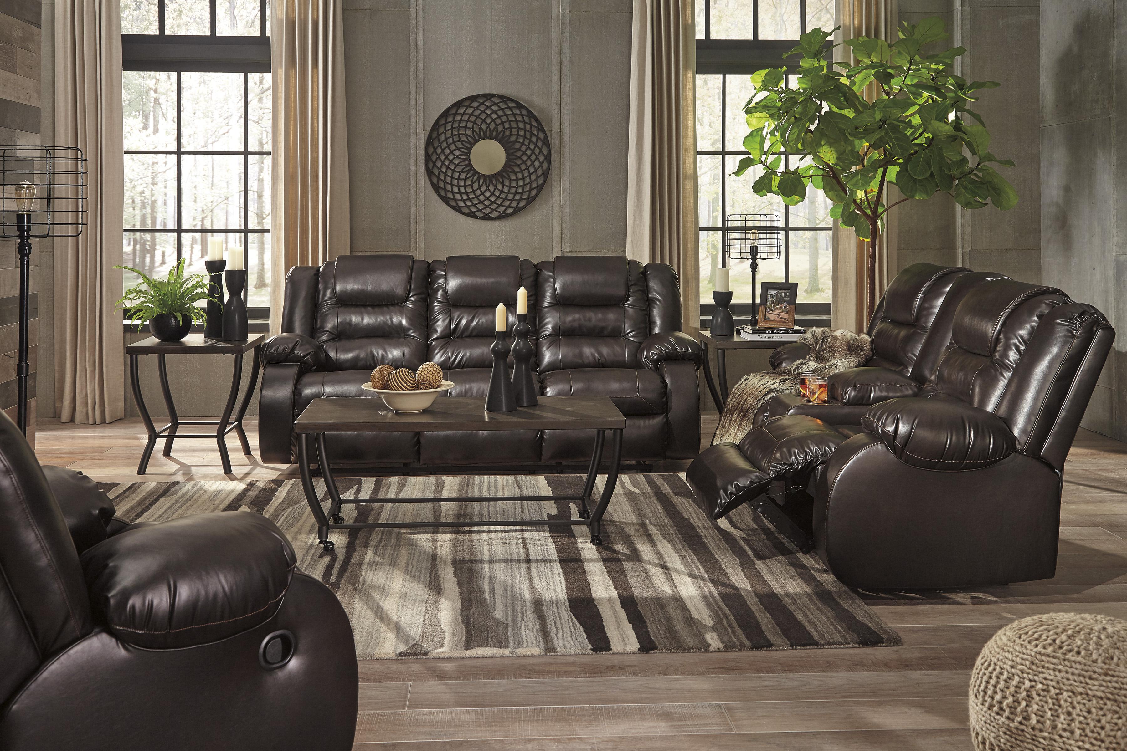 

    
Reclining Sofa Set 3Pcs w/Rocker Recliner Chocolate Faux Leather Contemporary Ashley Vacherie
