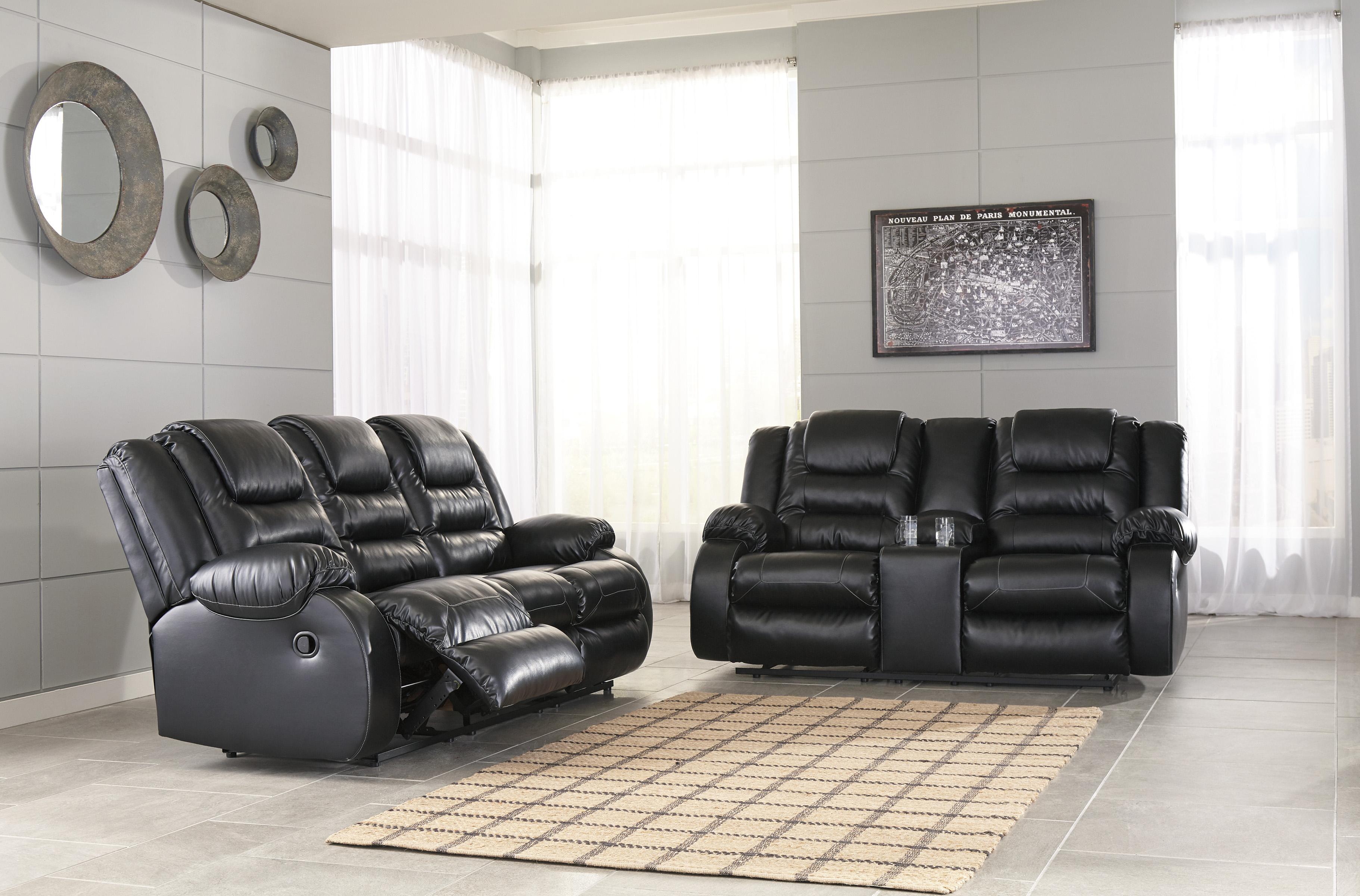 

    
Reclining Sofa Set 2Pcs Black Faux Leather Contemporary Ashley Vacherie
