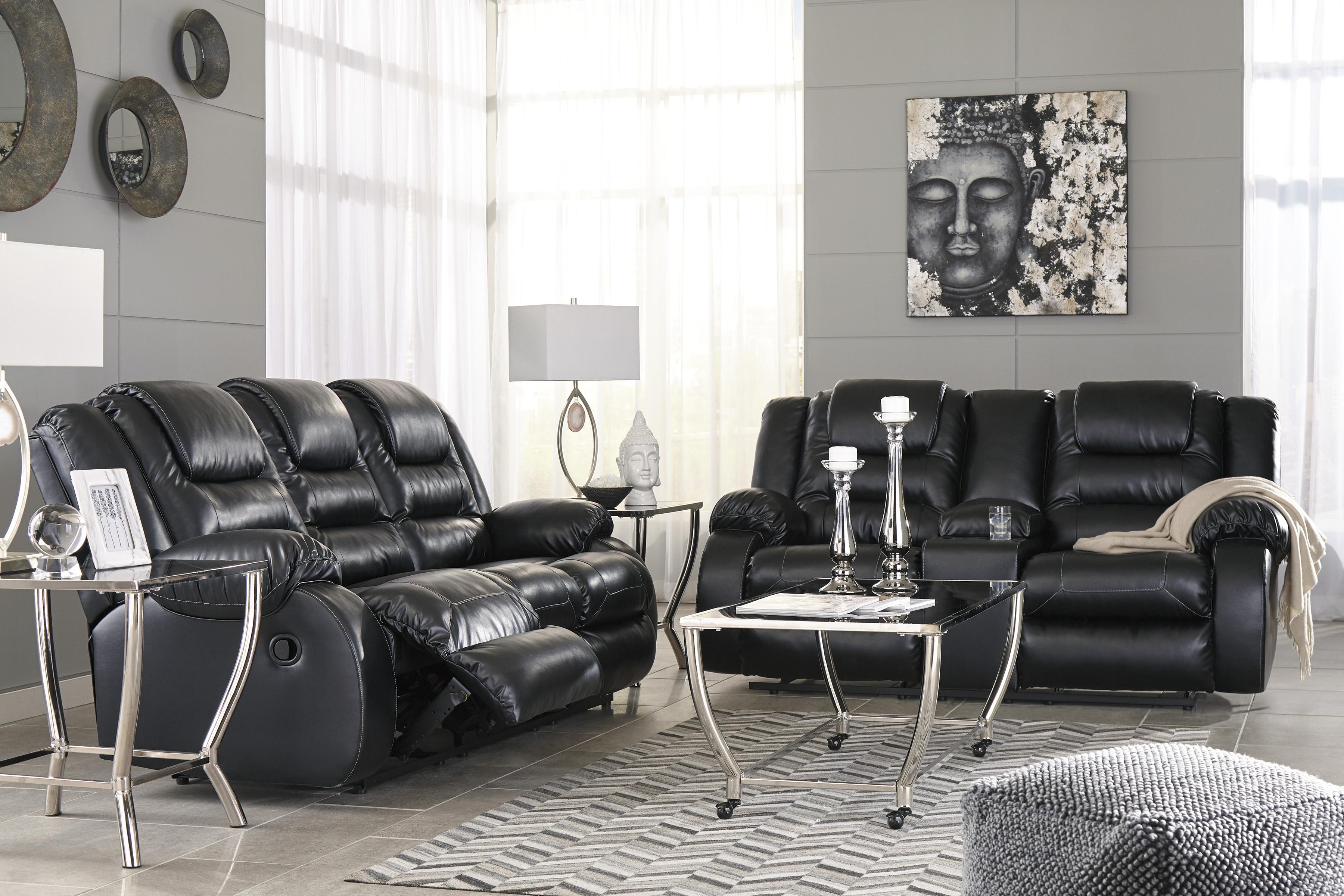 

    
Reclining Sofa Set 2Pcs Black Faux Leather Contemporary Ashley Vacherie
