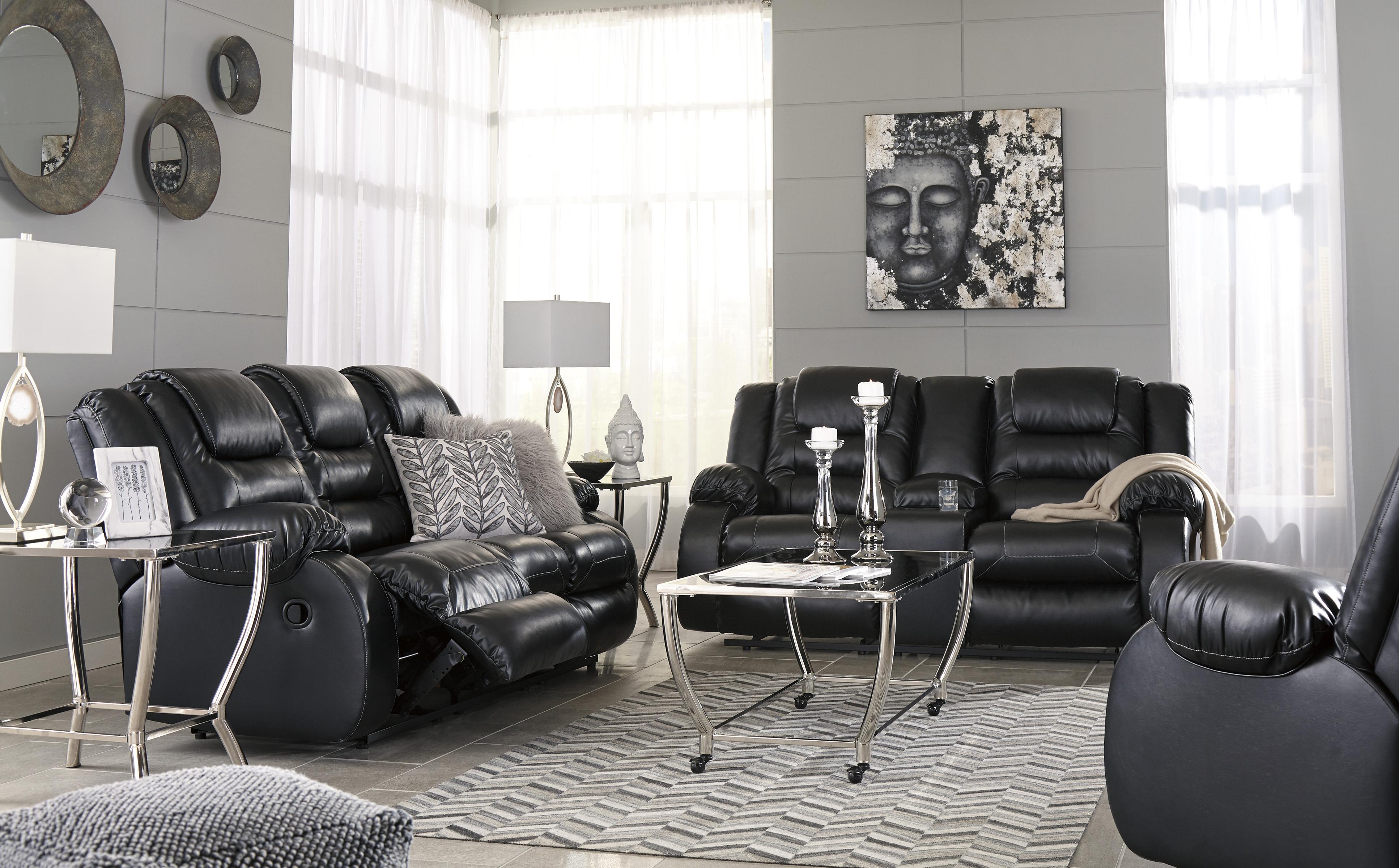 

    
Reclining Sofa Set 3Pcs w/Rocker Recliner Black Faux Leather Contemporary Ashley Vacherie
