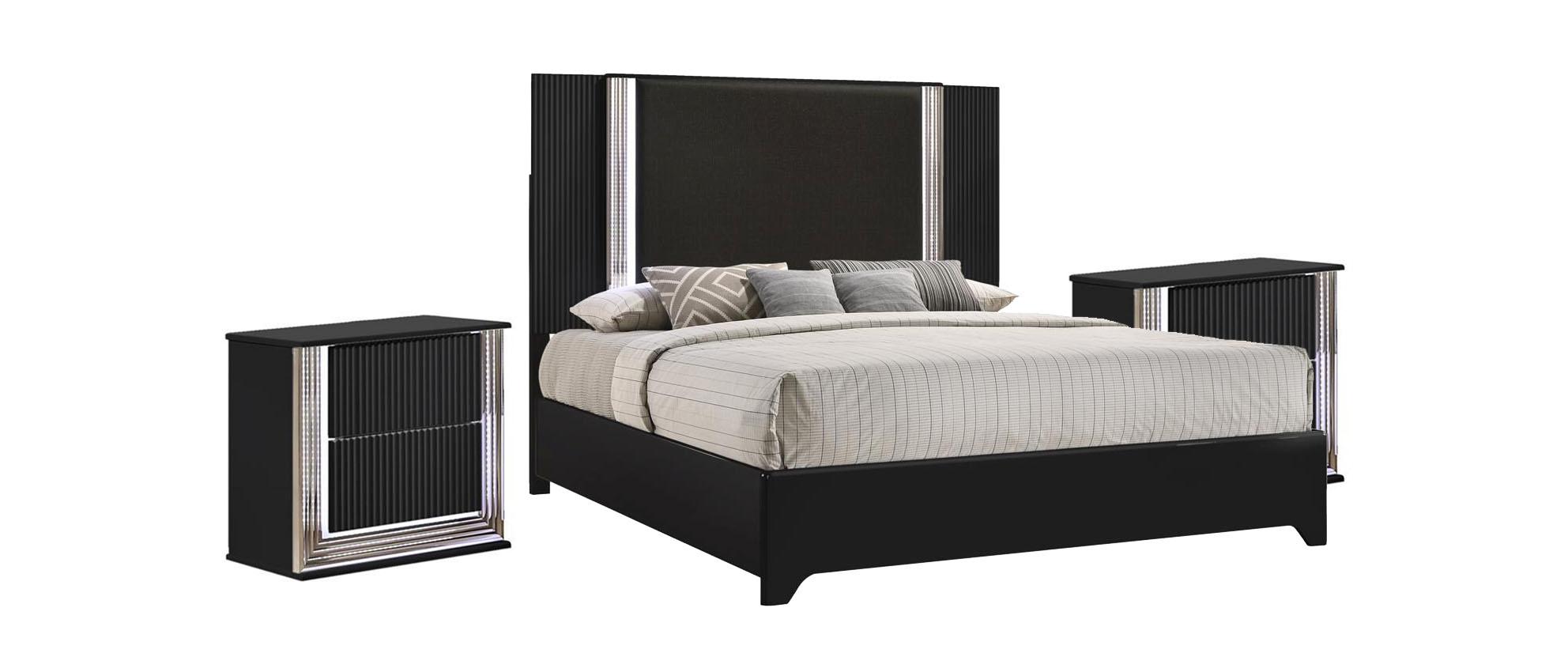 

    
ASPEN  Modern Deco Black Finish w/ LED King Size Bedroom Set 3Pcs Global USA
