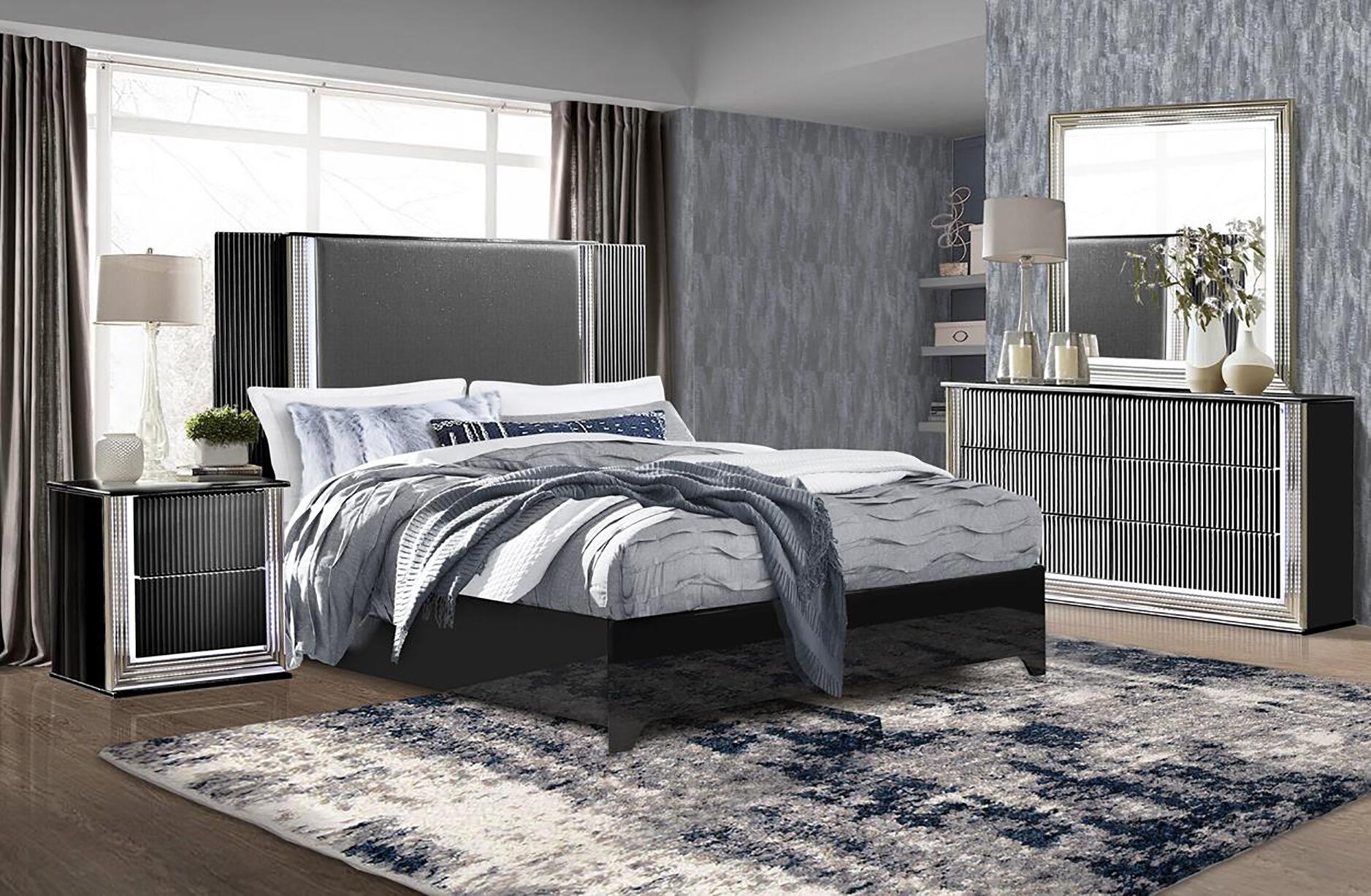 

    
ASPEN  Modern Deco Black Finish w/ LED King Size Bedroom Set 5Pcs Global USA
