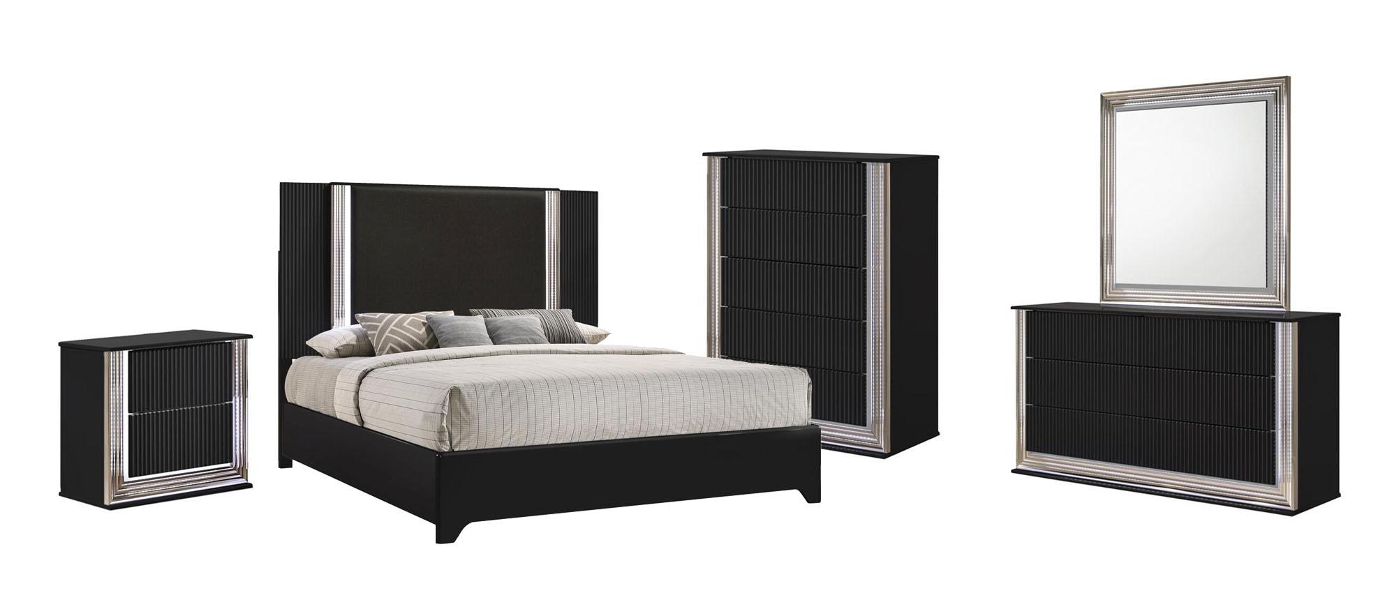 

    
ASPEN  Modern Deco Black Finish w/ LED King Size Bedroom Set 5Pcs w/Chest  Global USA
