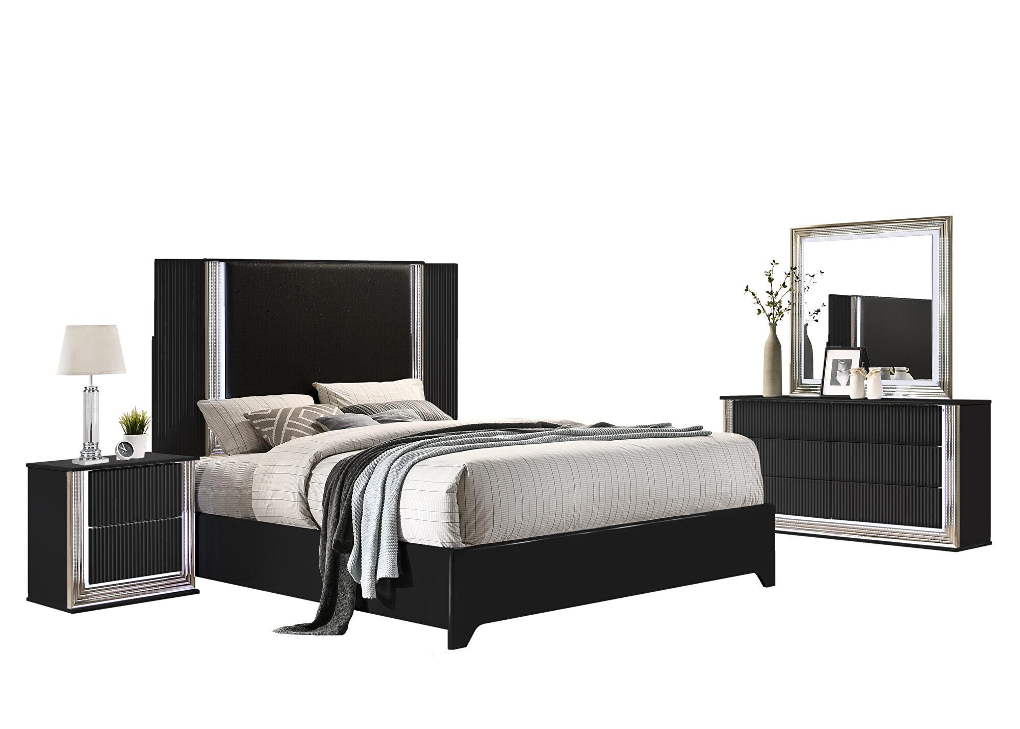 

    
ASPEN  Modern Deco Black Finish w/ LED Queen Size Bedroom Set 5Pcs Global USA
